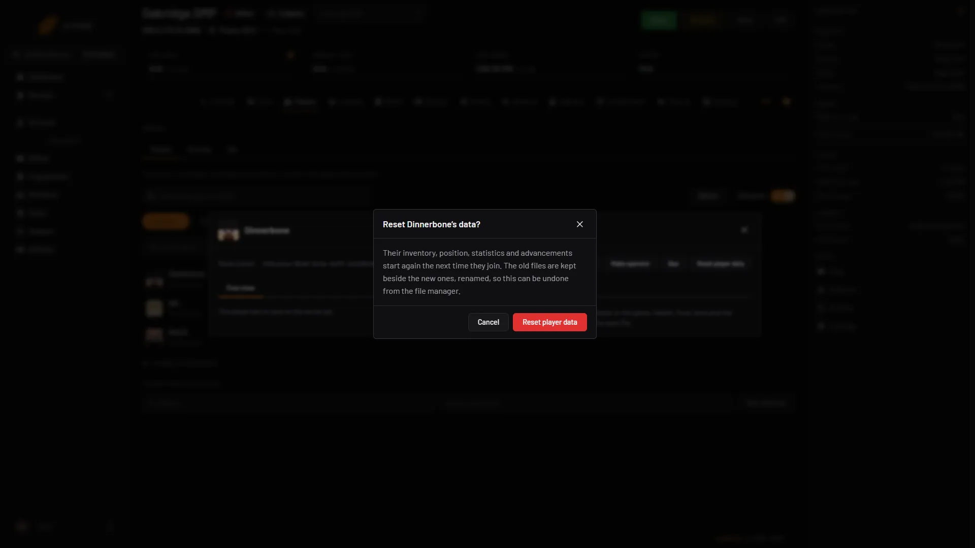 The confirmation box that asks to reset a player's data, opened over the player's window