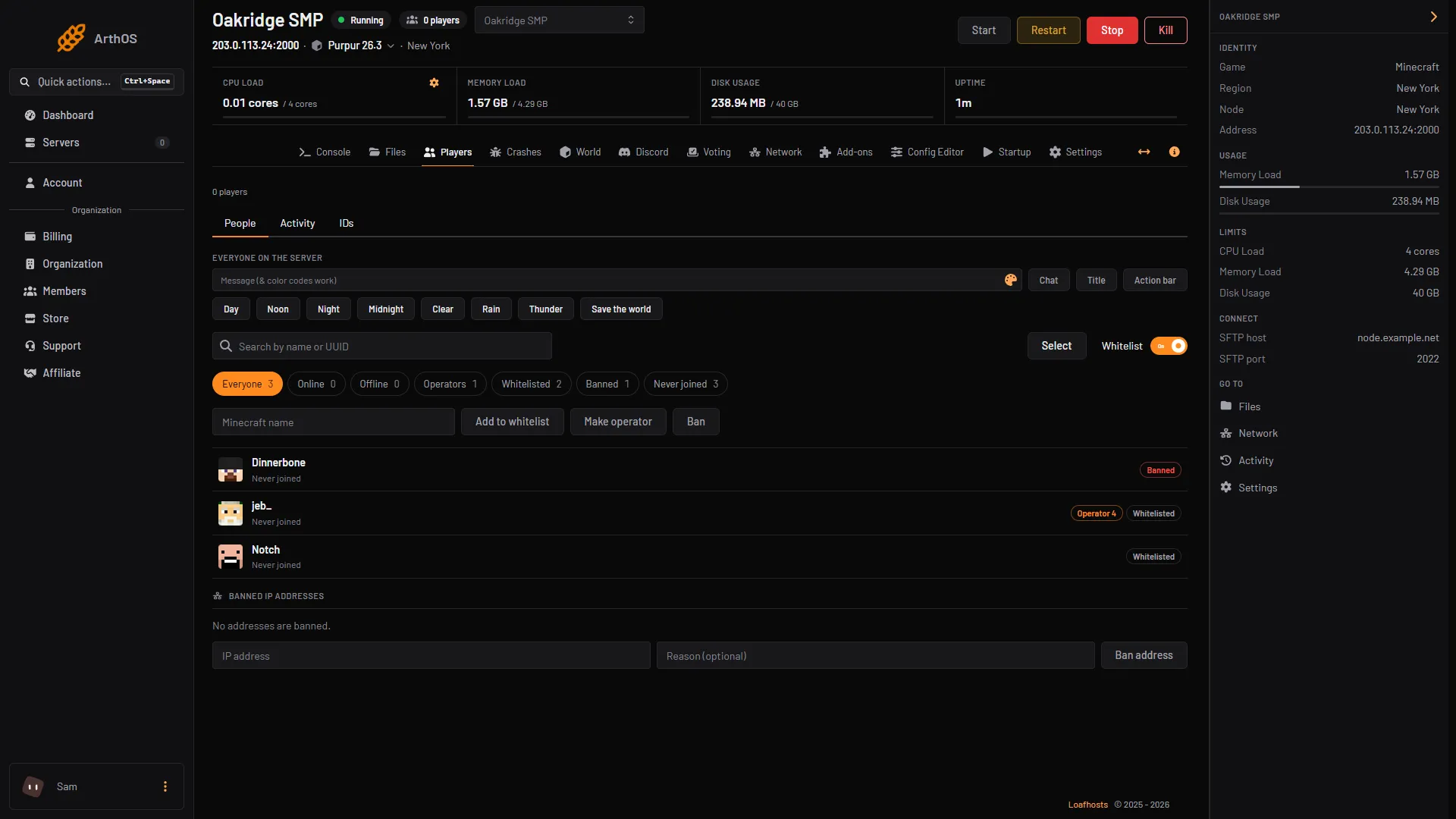 The Minecraft name box with Add to whitelist, Make operator and Ban buttons on the Players page