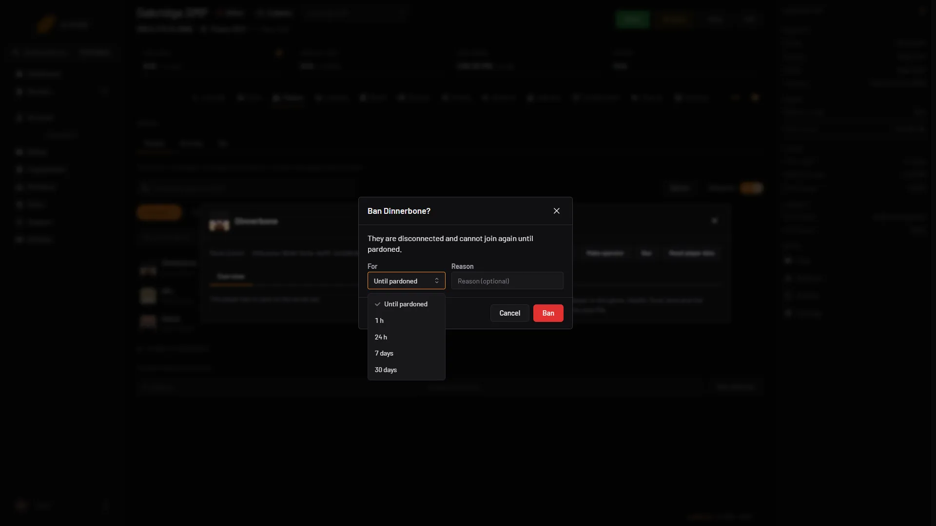 The Ban confirmation over a player's window, with the For list open and the Reason box