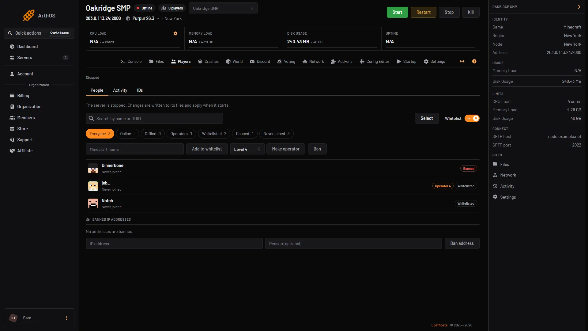 The Players page of a stopped server: Minecraft name box, level select and Make operator