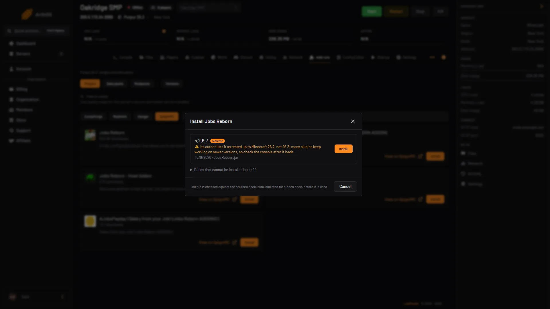 The Install dialog on SpigotMC with an amber note that the author tested up to an older Minecraft version