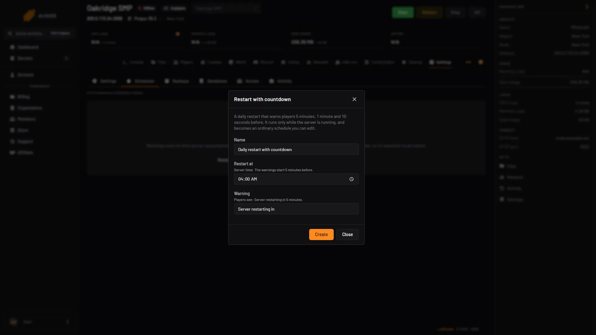 The Restart with countdown dialog with the time and the warning text