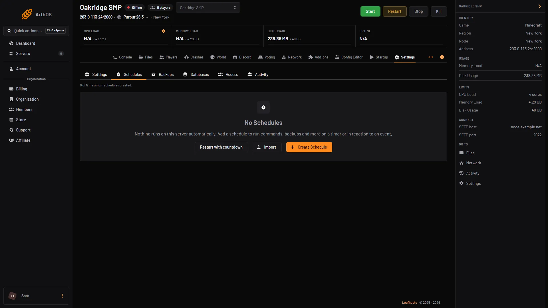 The Schedules page with no schedules yet, and the buttons Restart with countdown, Import and Create Schedule