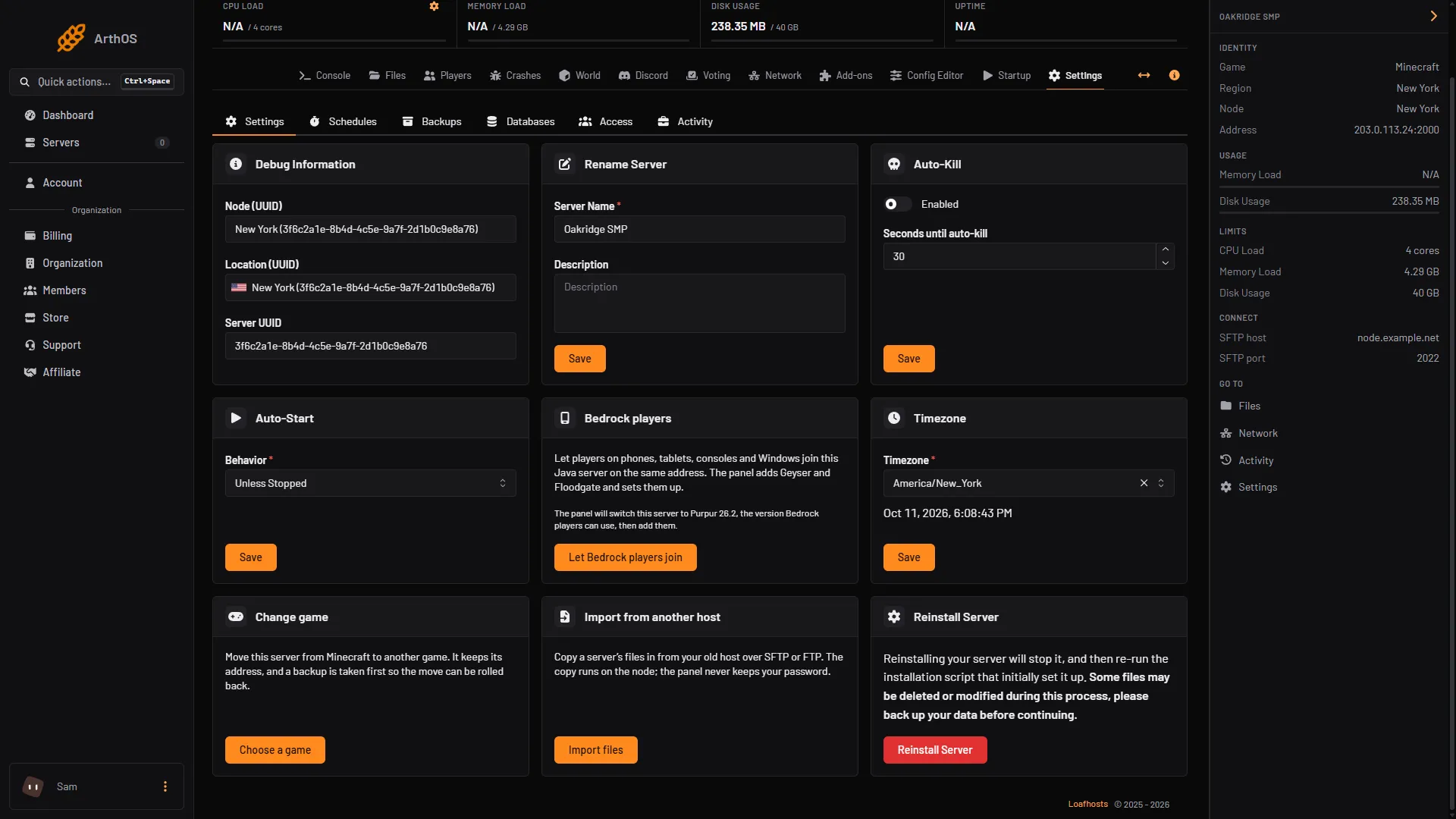 The Settings page scrolled to the Import from another host card