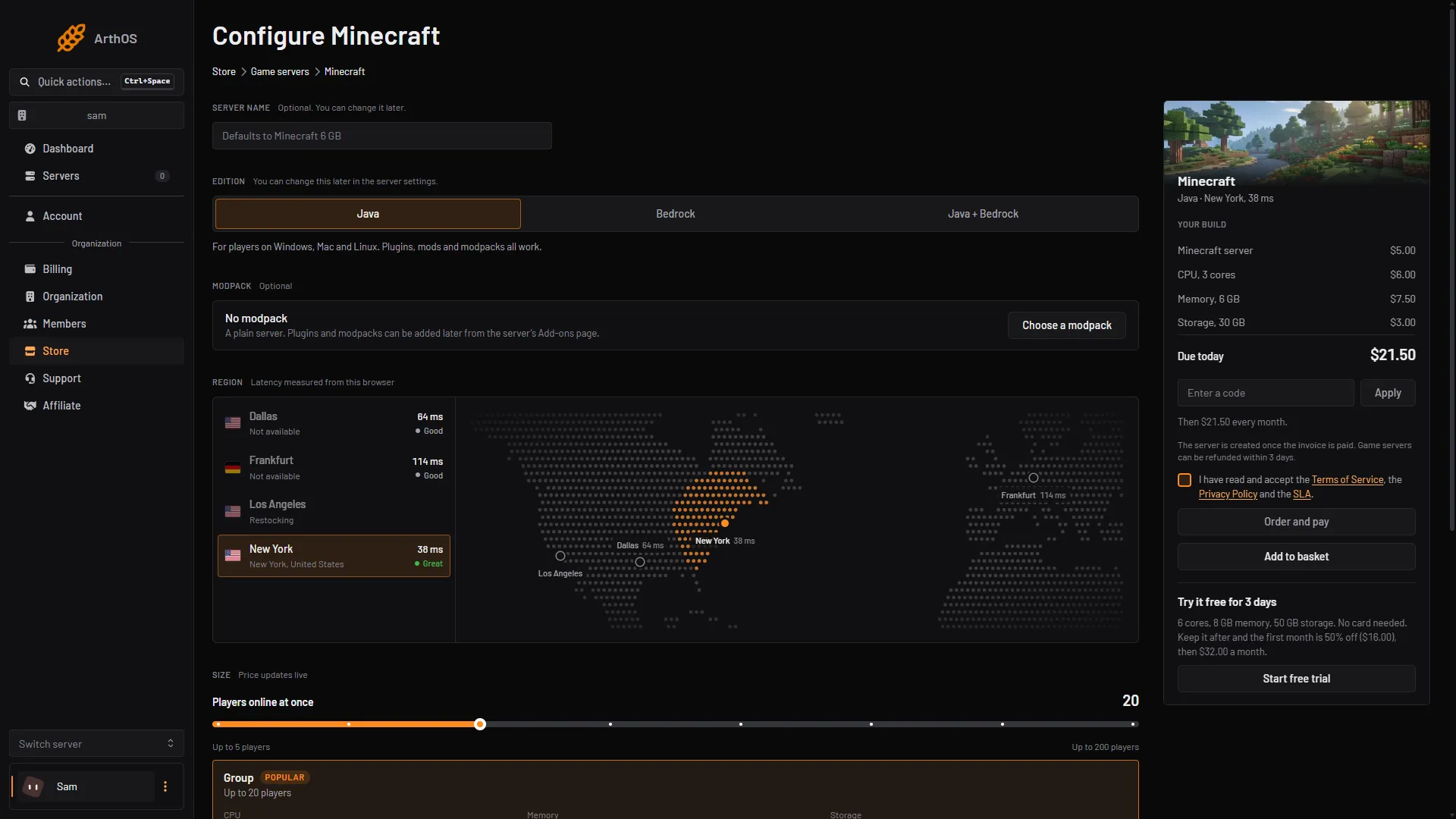 The Configure Minecraft order page with the Edition control showing Java, Bedrock and Java + Bedrock