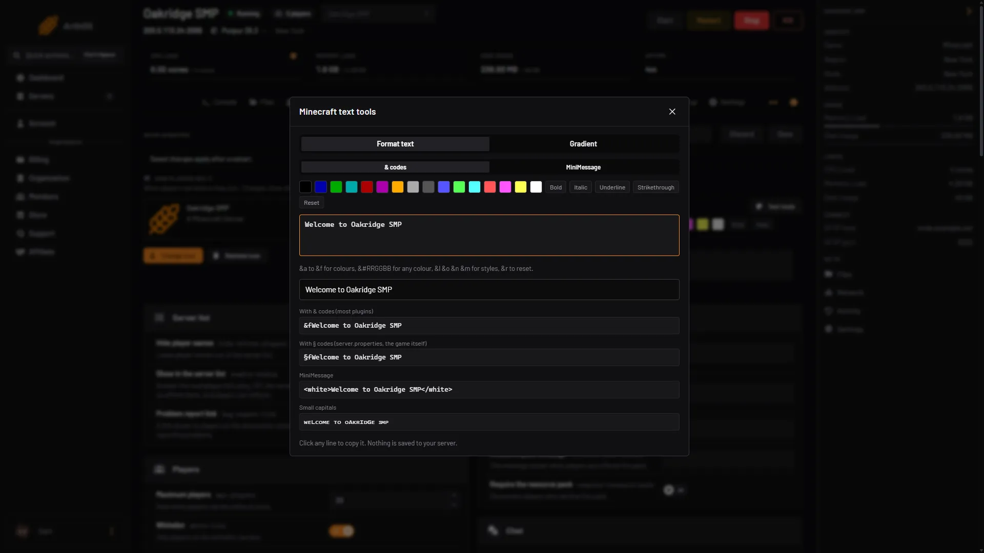 The Minecraft text tools dialog in Format text mode, with a typed line and the copyable lines