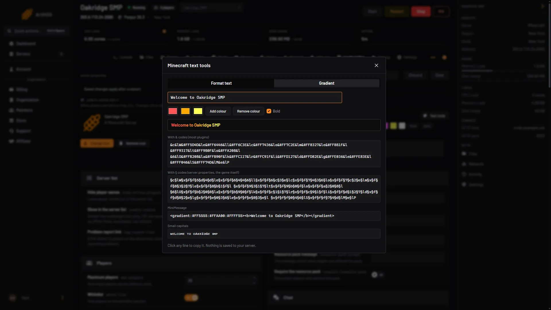 The Minecraft text tools dialog in Gradient mode