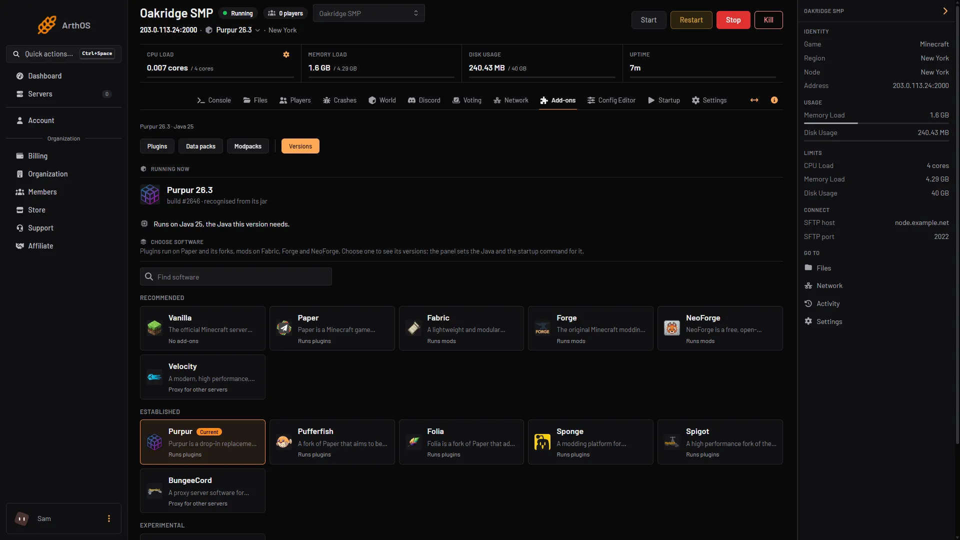 The Versions page with the Running now card, the Find software box and the software cards