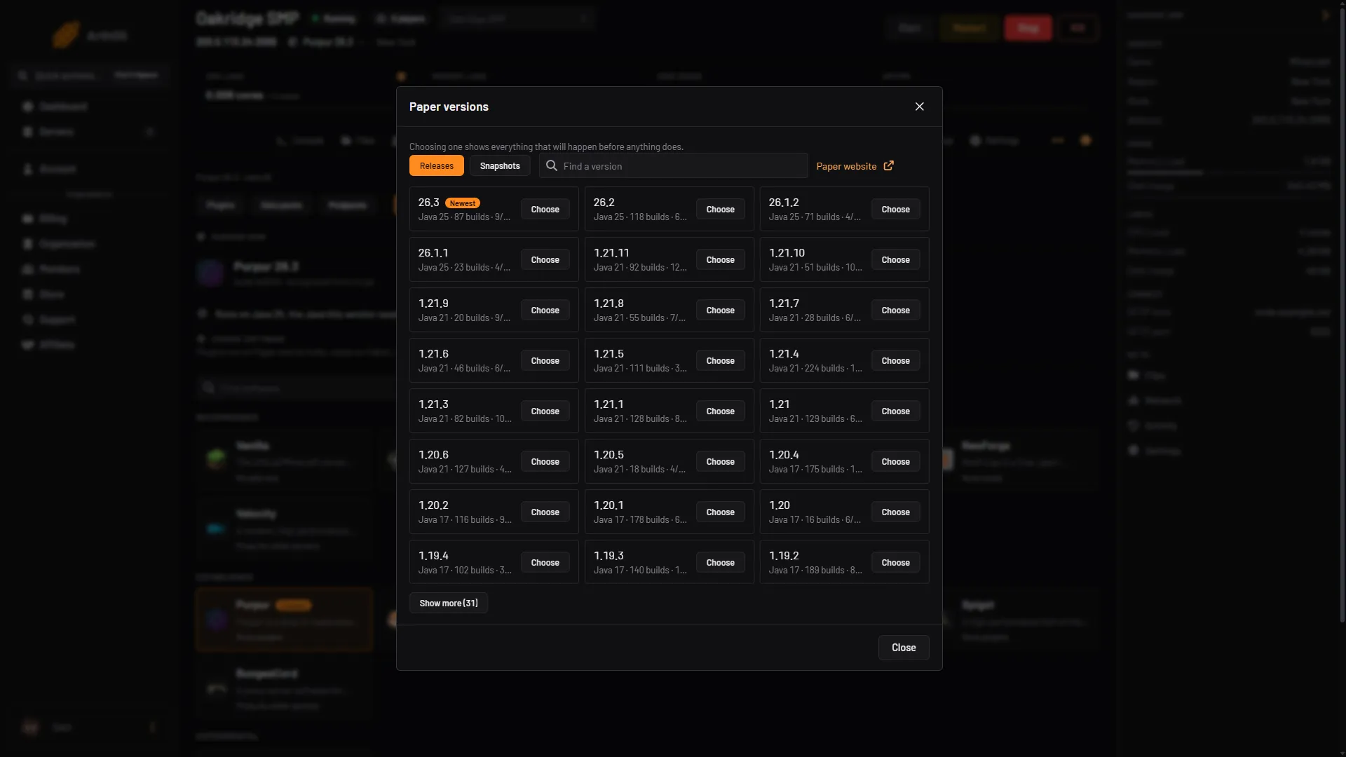 The Paper versions list with Releases, Snapshots, Find a version and a Choose button
