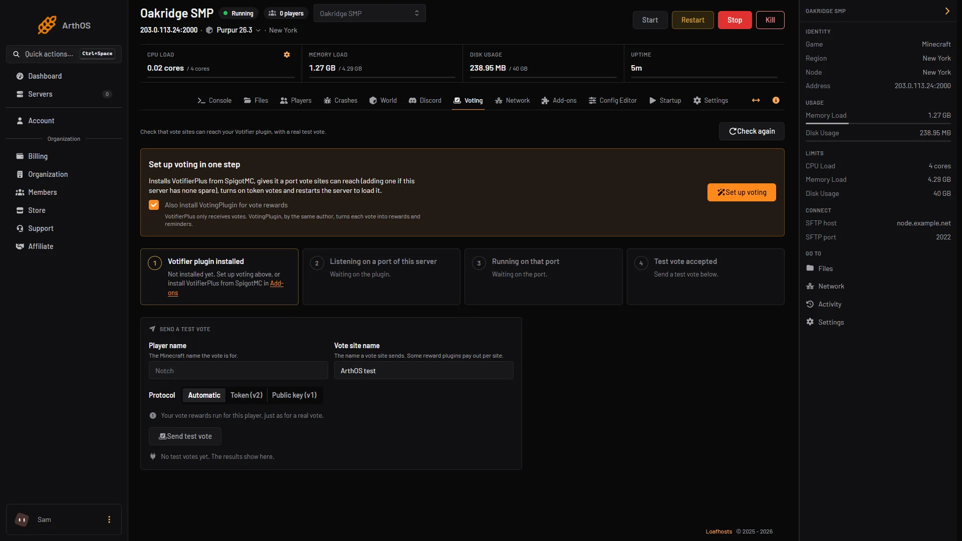 The Voting tab before setup: the Set up voting card with the VotingPlugin box, the four checks and the test vote panel