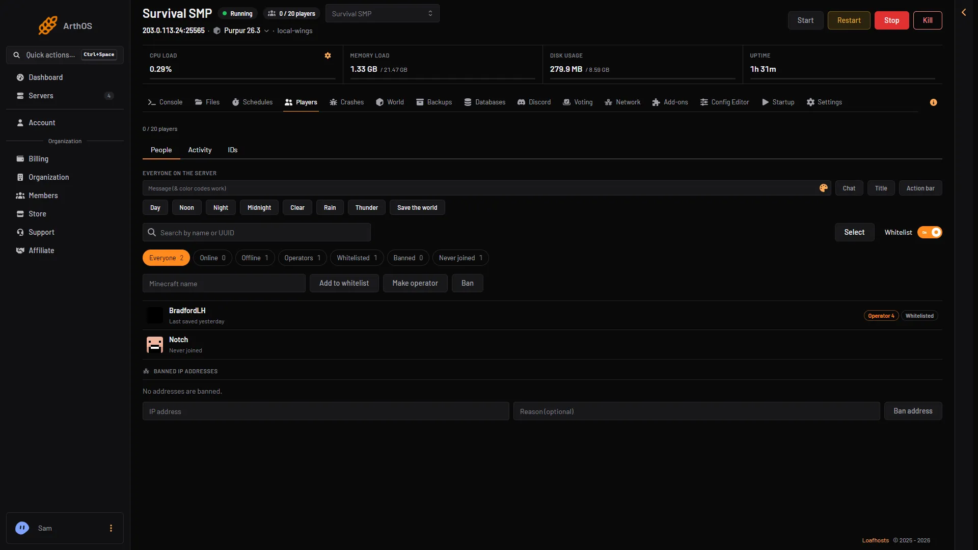 ArthOS player manager with whitelist, operators, bans, time and weather controls
