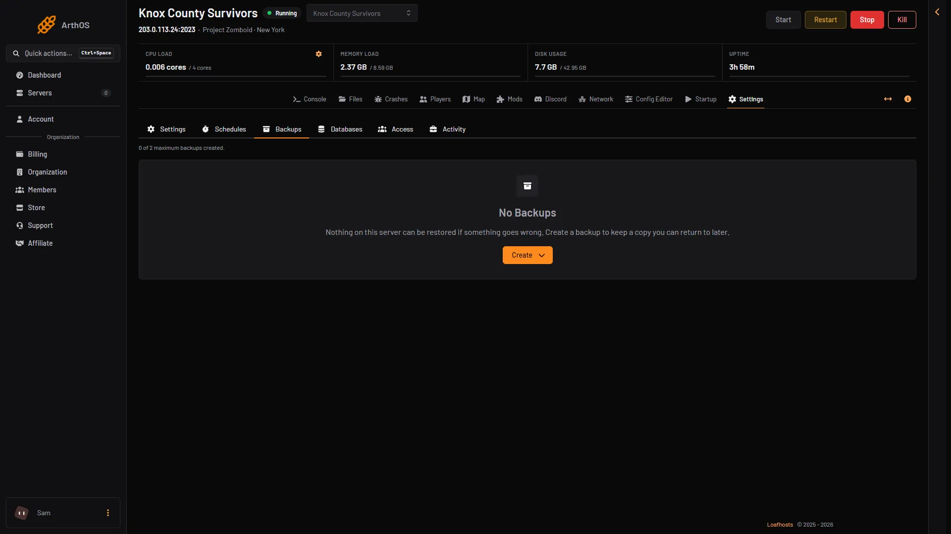 The Backups tab in Settings with the Create button