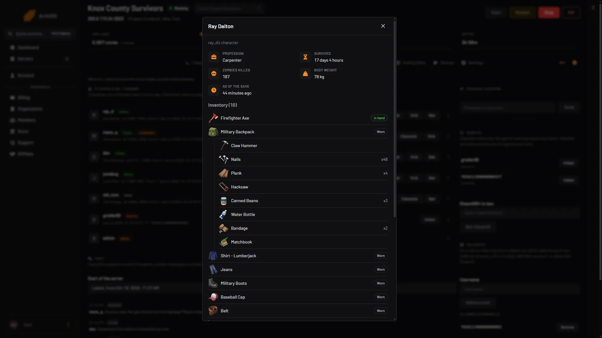 A player's Character window with profession, time survived, kills and the inventory list