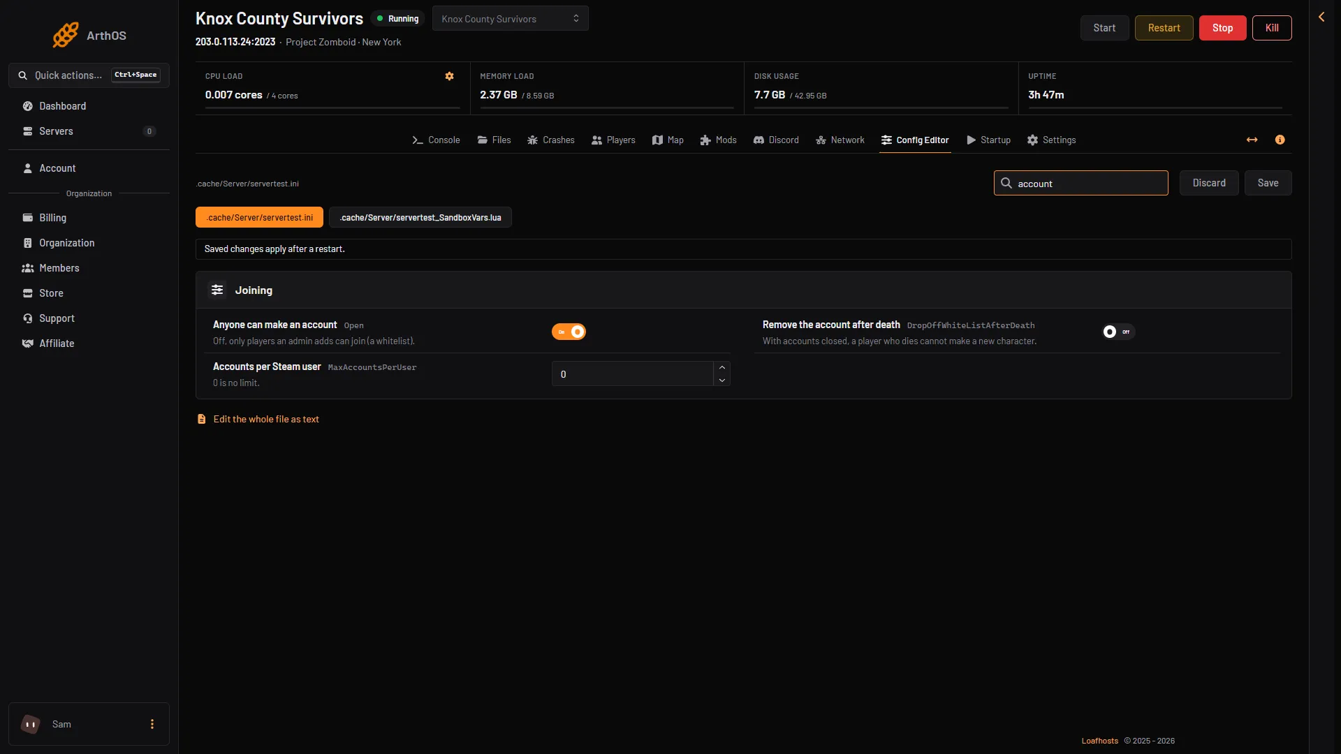 Config Editor row for Anyone can make an account, beside Remove the account after death