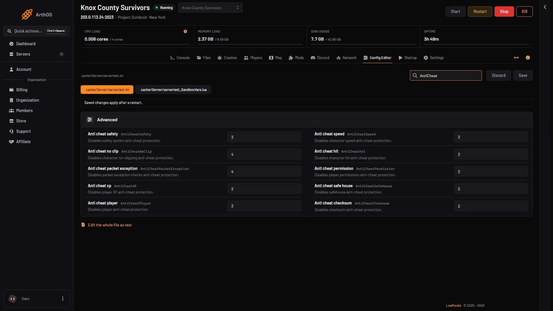 The Config Editor searched for AntiCheat, showing the Advanced card and its anti-cheat rows