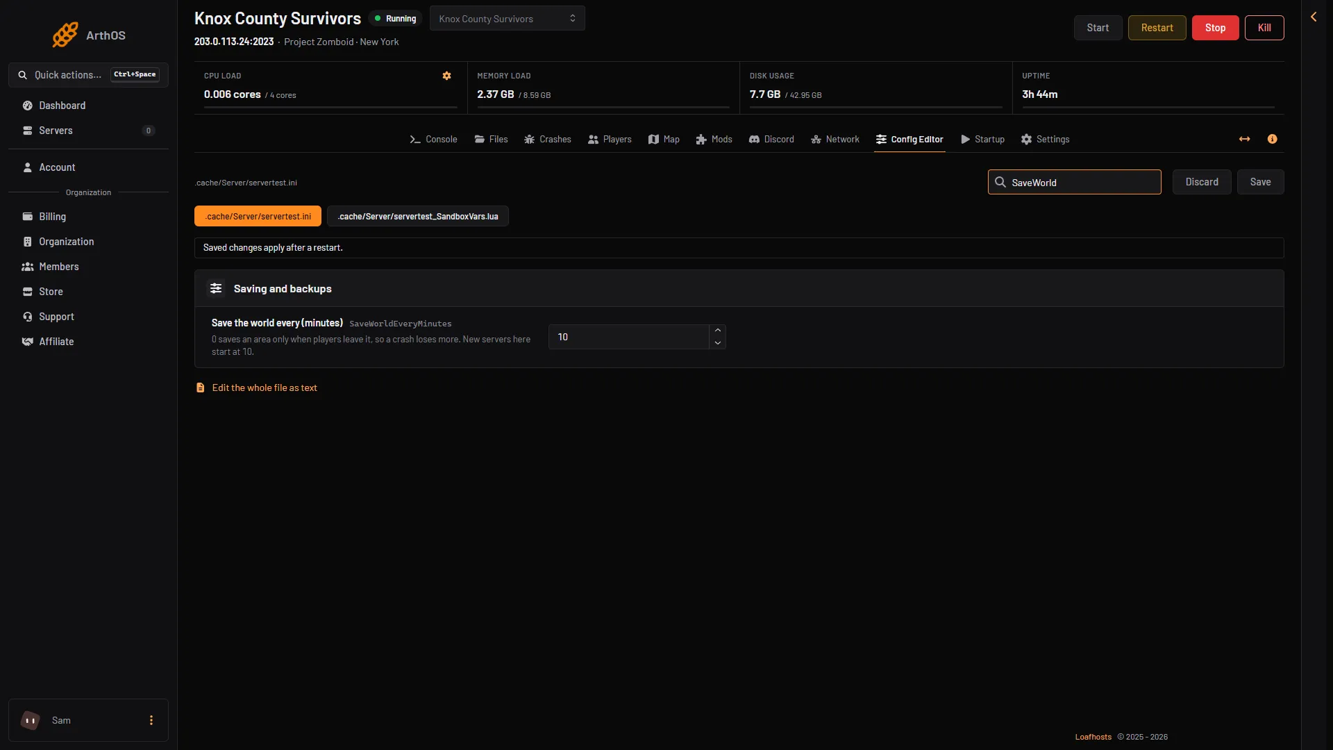The Config Editor row Save the world every (minutes)