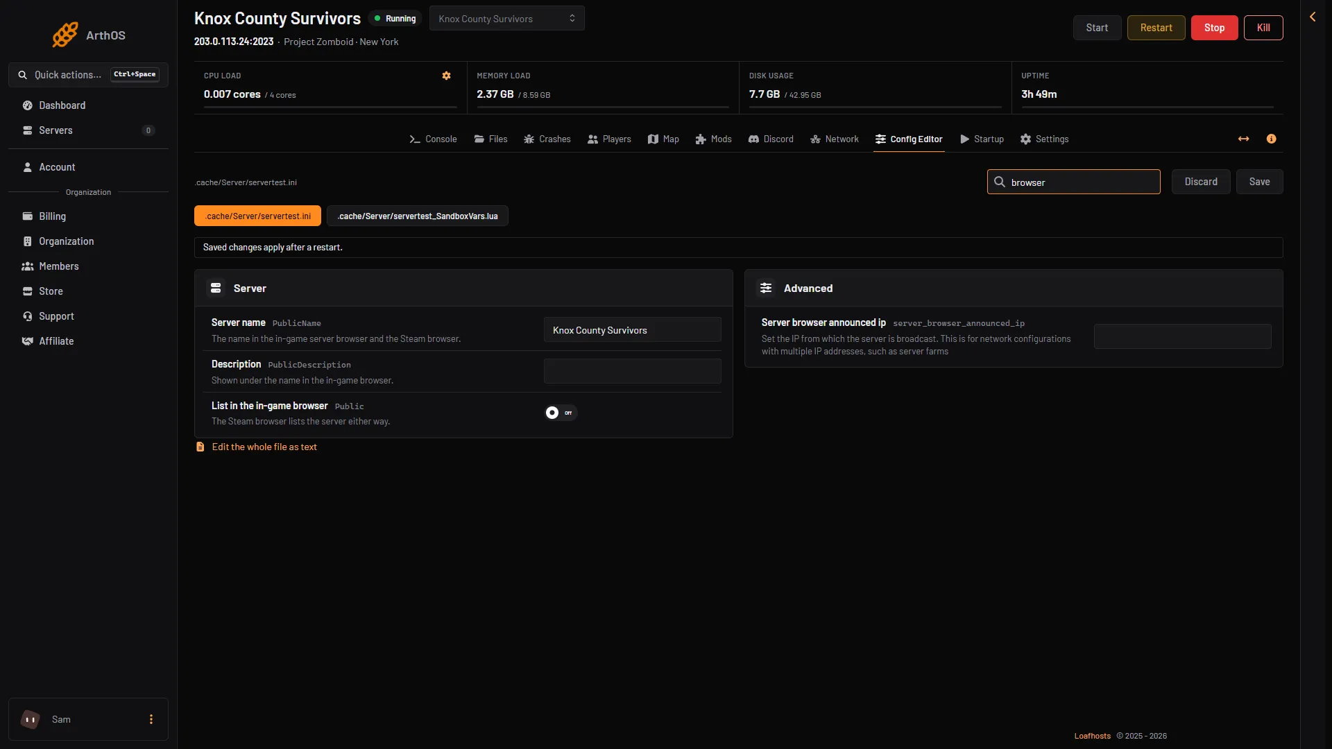 Config Editor rows for Server name and List in the in-game browser