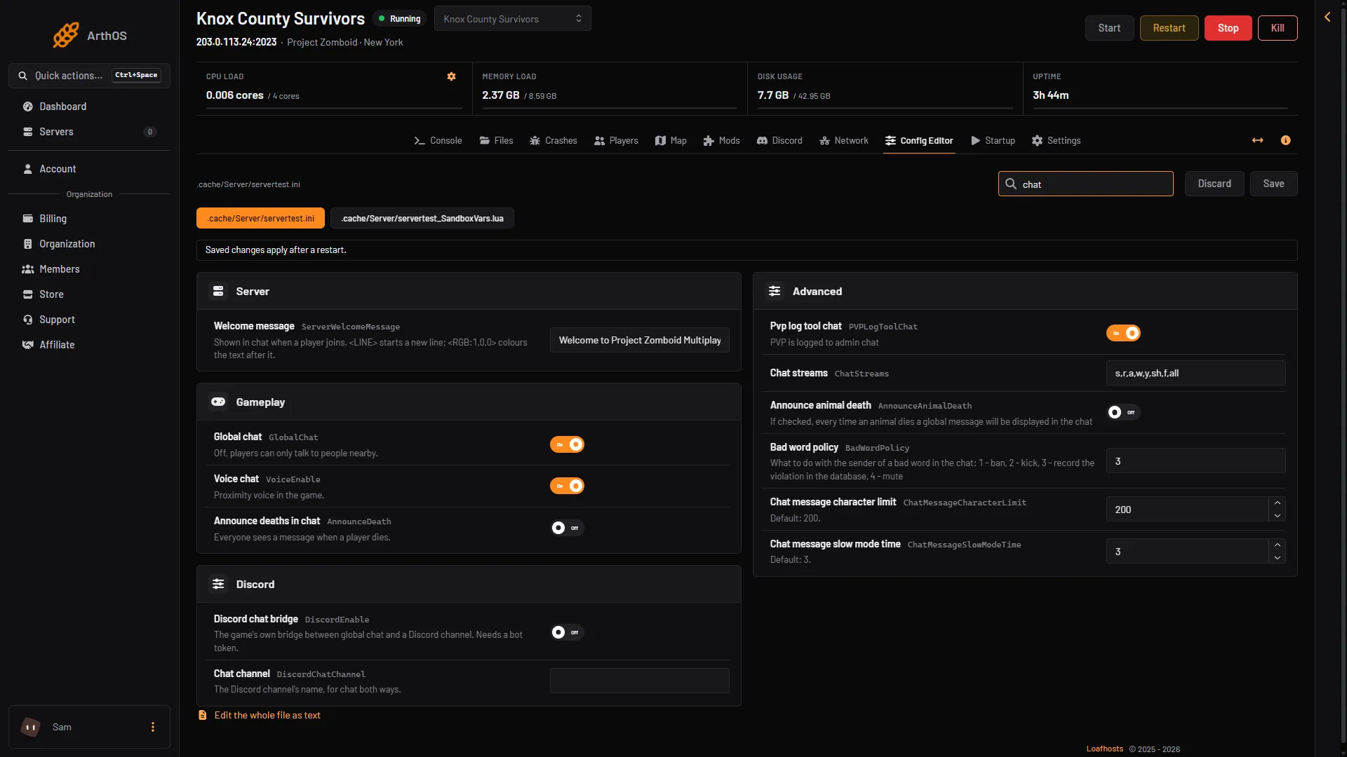 The Config Editor searched for chat, showing Global chat and Chat streams