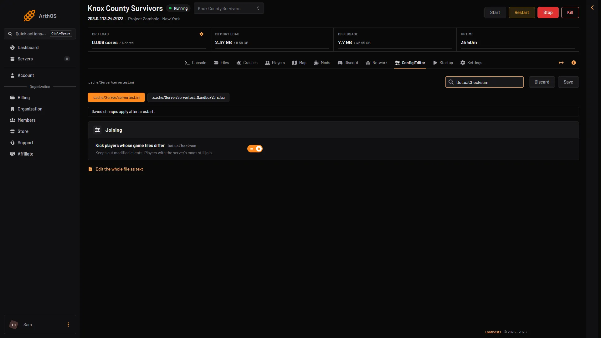 The Config Editor searched for DoLuaChecksum, showing Kick players whose game files differ