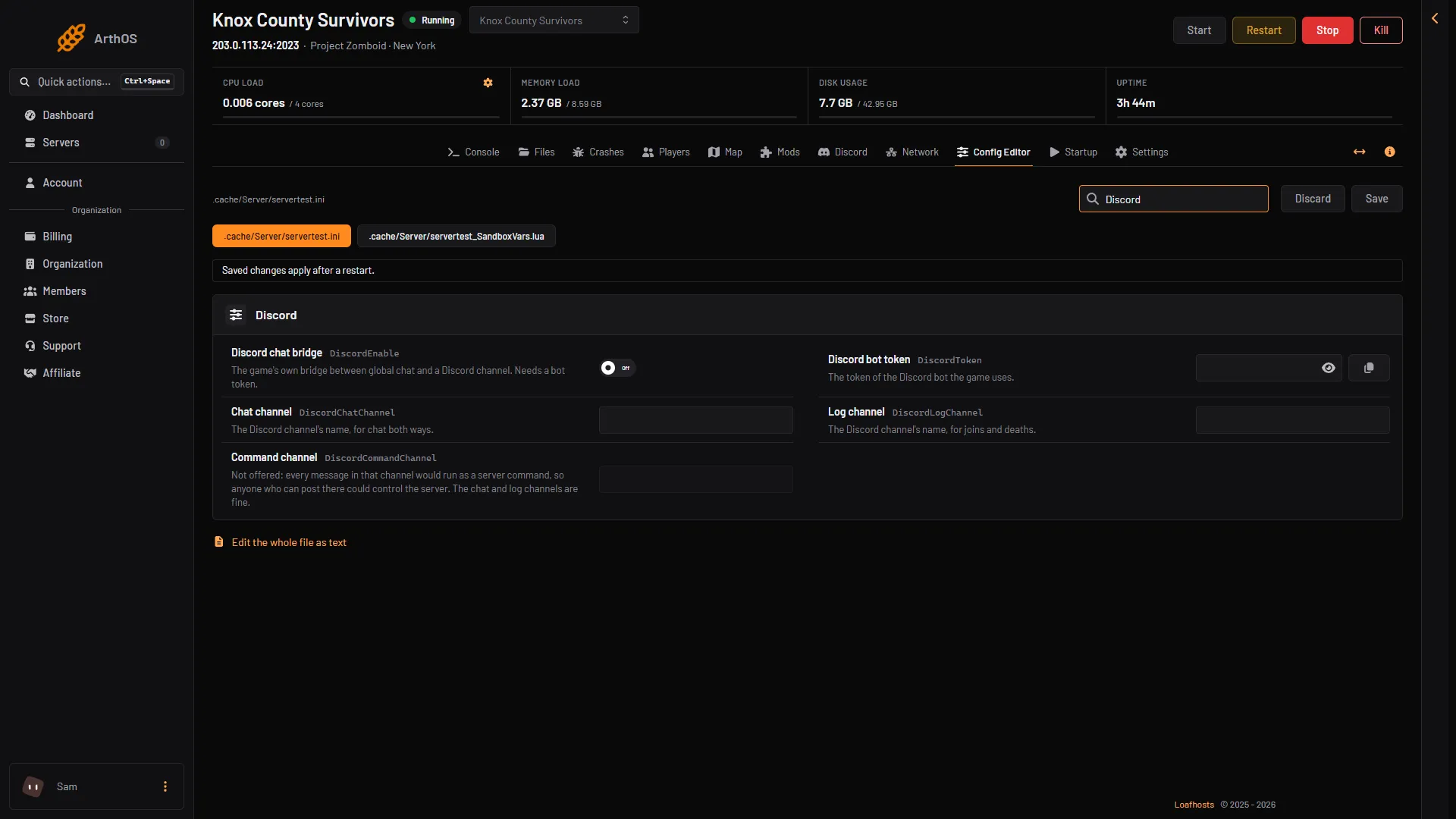 The Discord rows in the Config Editor