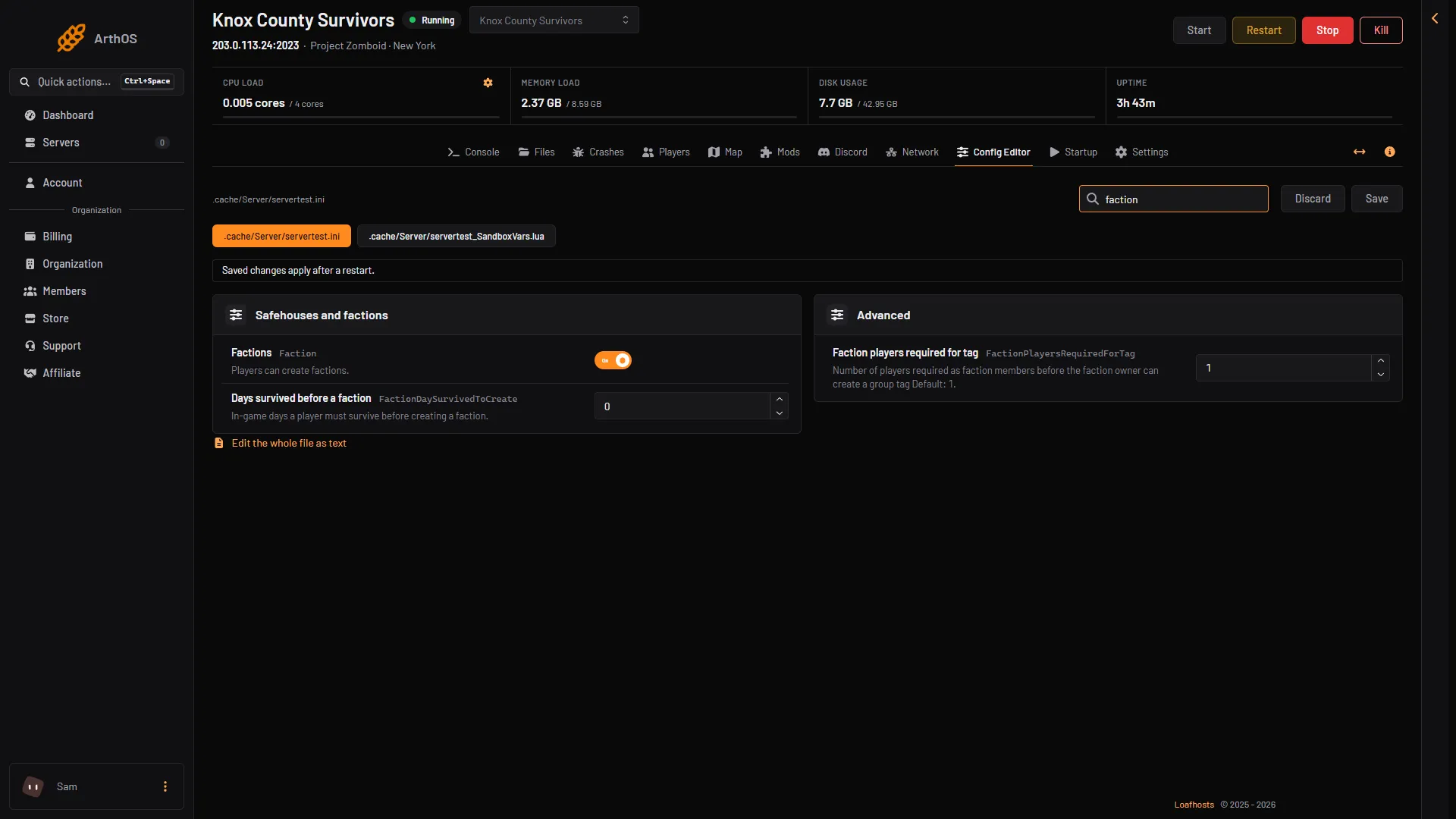 The Config Editor searched for faction, showing the faction rows