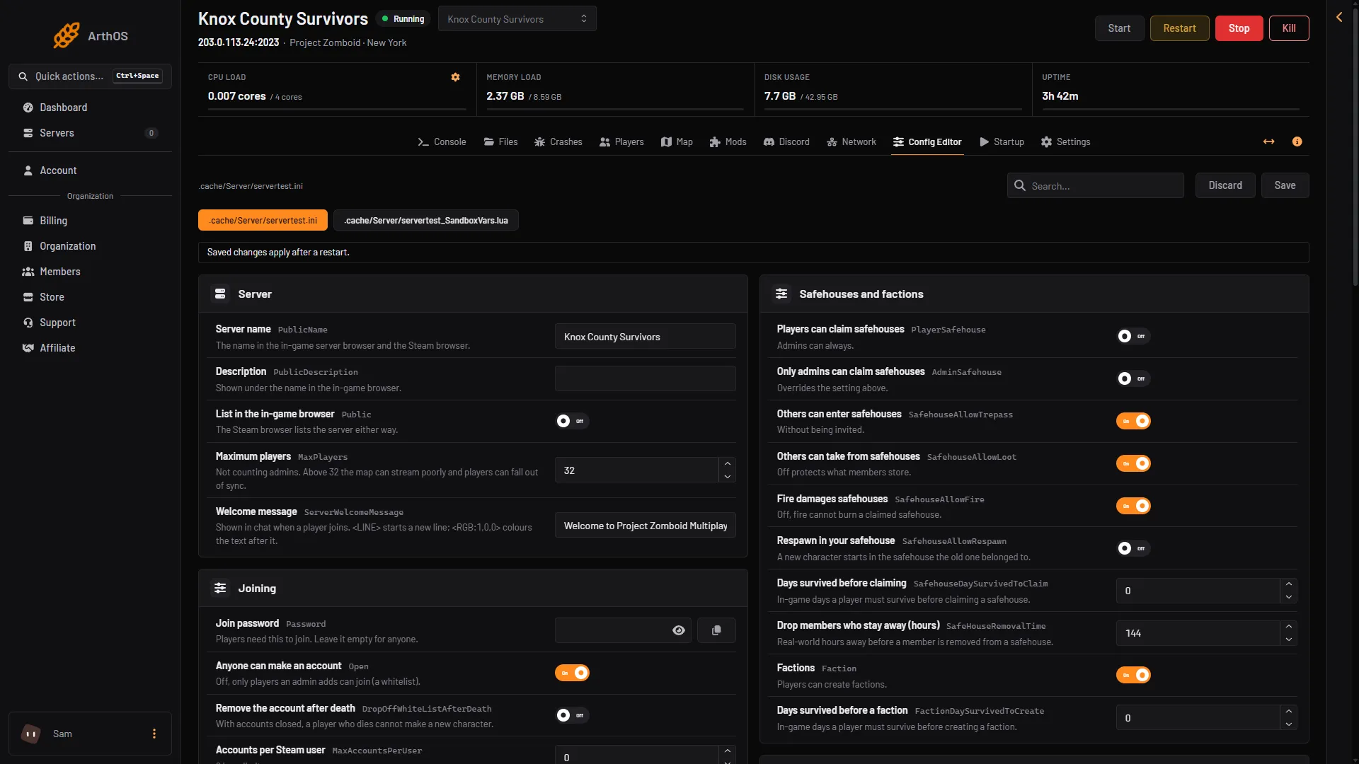 The Config Editor server ini tab showing Server name, Maximum players, Join password and Anyone can make an account