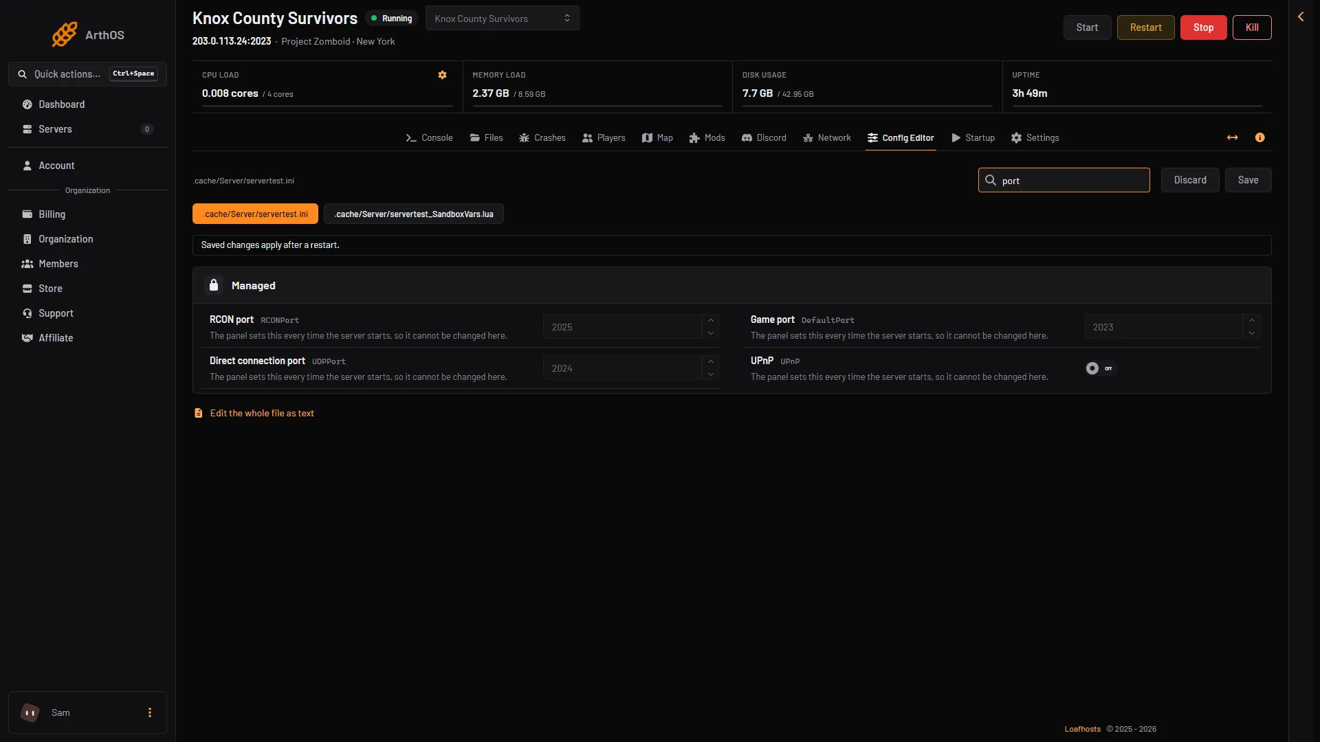 The Config Editor search for port showing the locked port rows