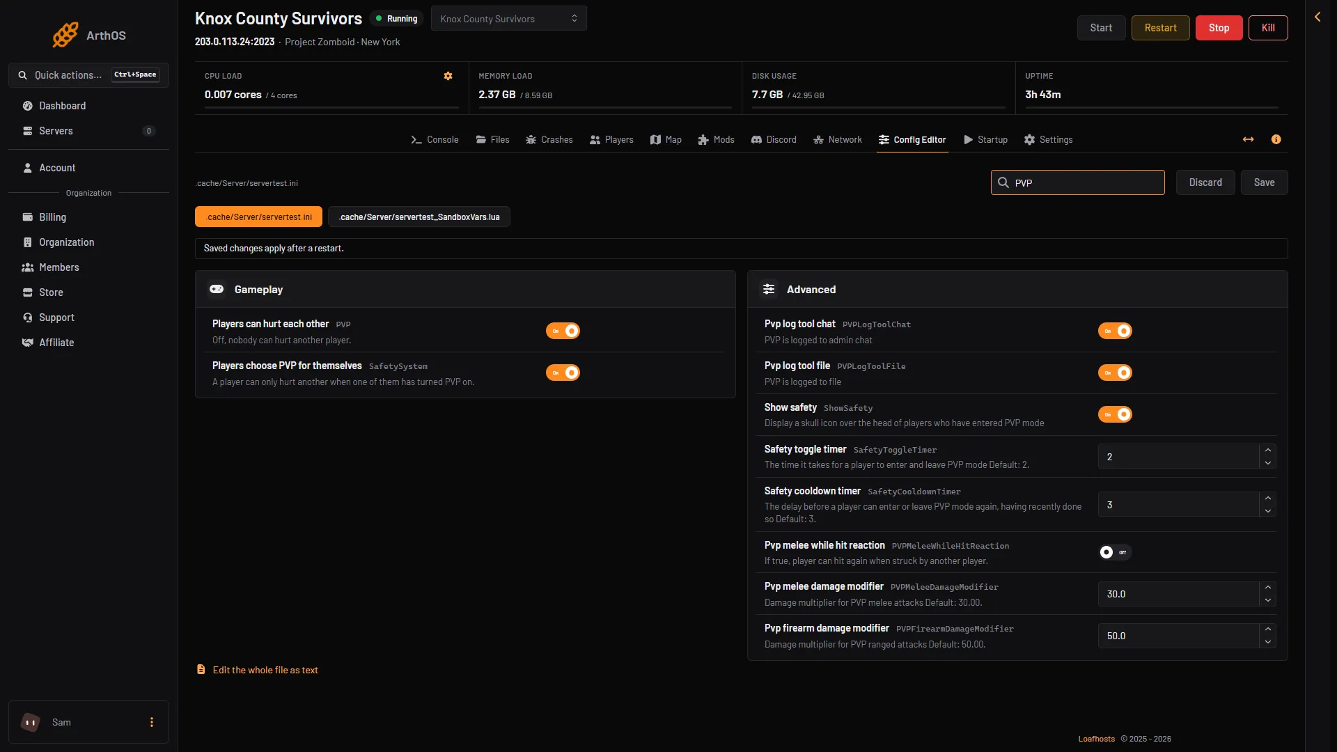 The Config Editor searched for PVP, showing the PVP rows
