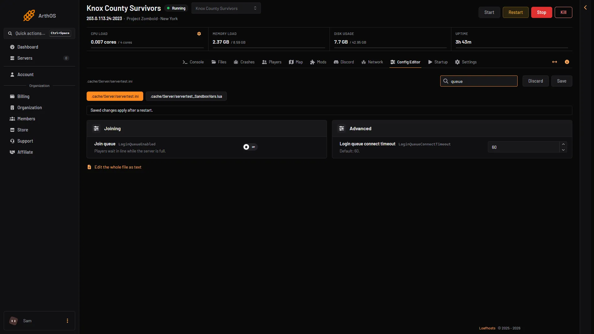 Config Editor search for queue showing Join queue and Login queue connect timeout