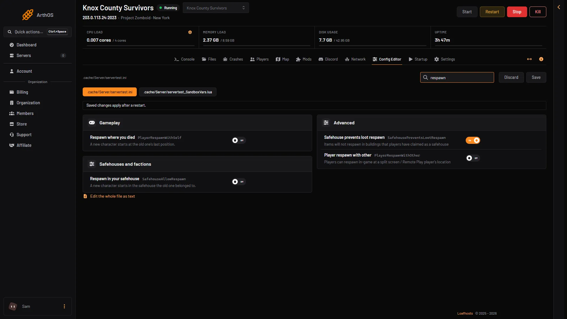 The Config Editor searched for respawn, showing the respawn rows