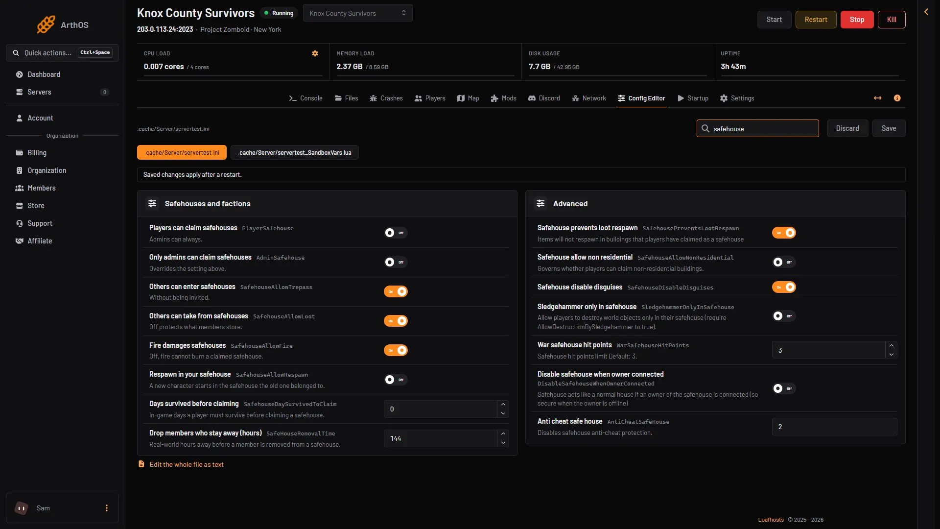The Config Editor searched for safehouse, showing the safehouse rows