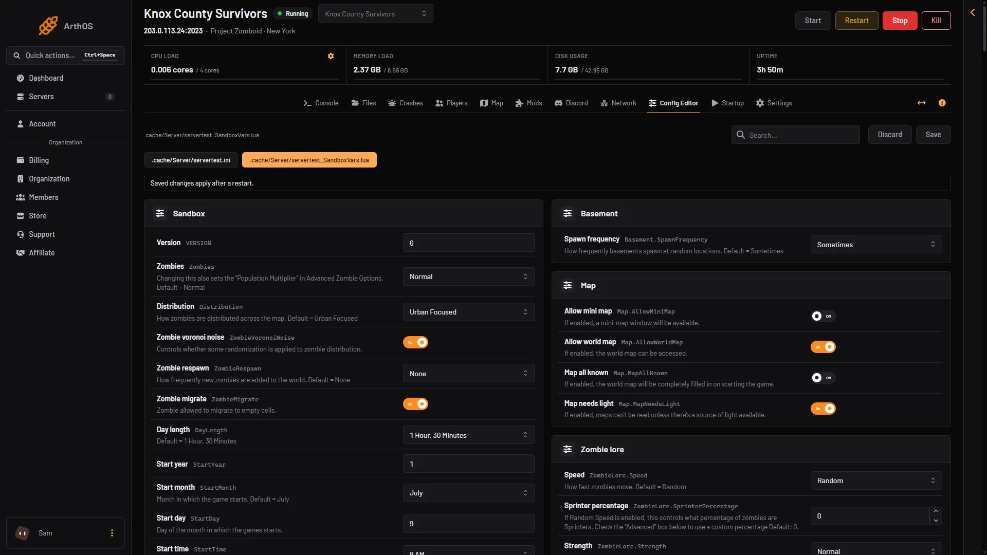 The Config Editor with the sandbox file tab chosen and the Sandbox group rows