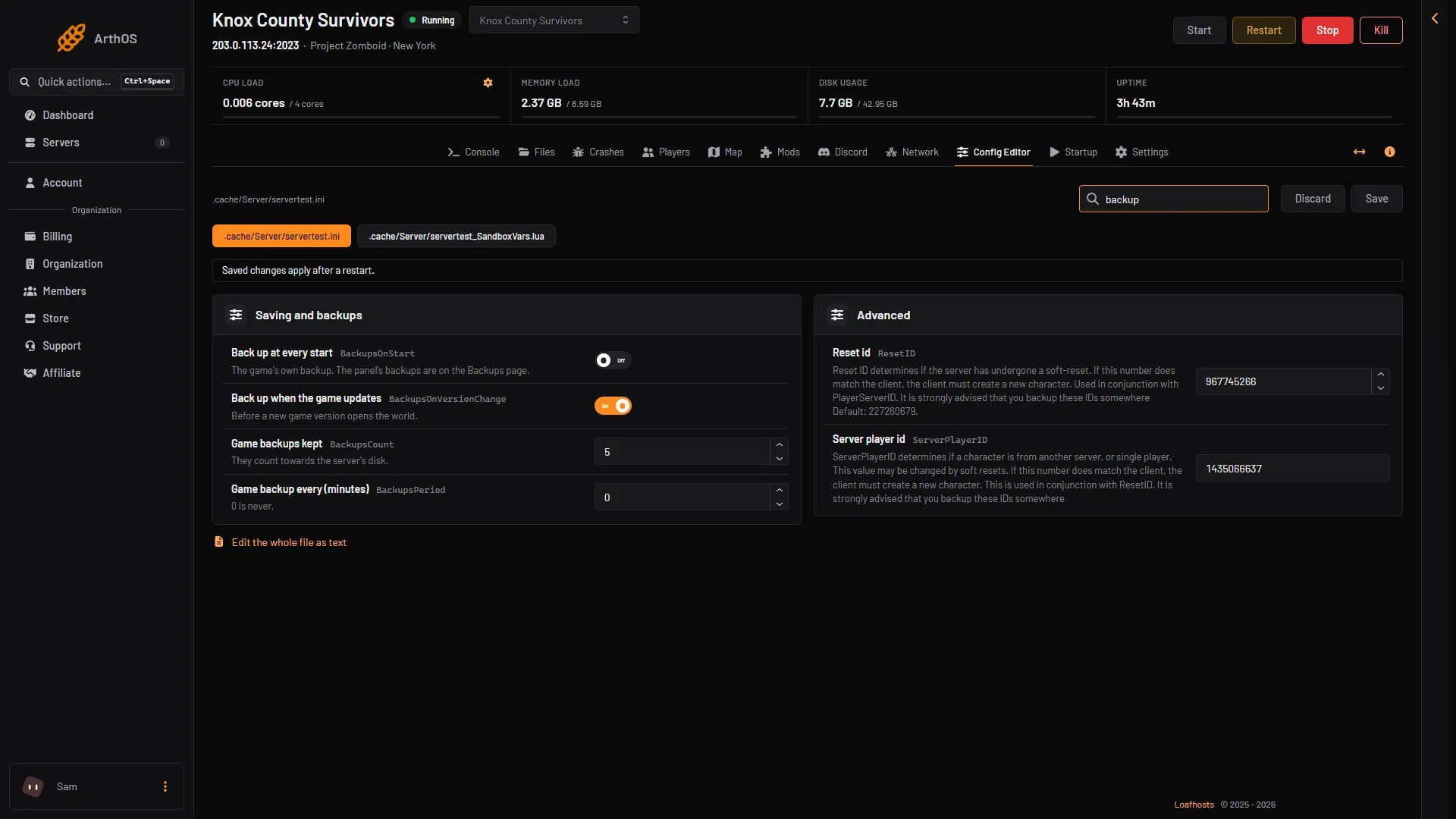 The game backup rows in the Config Editor