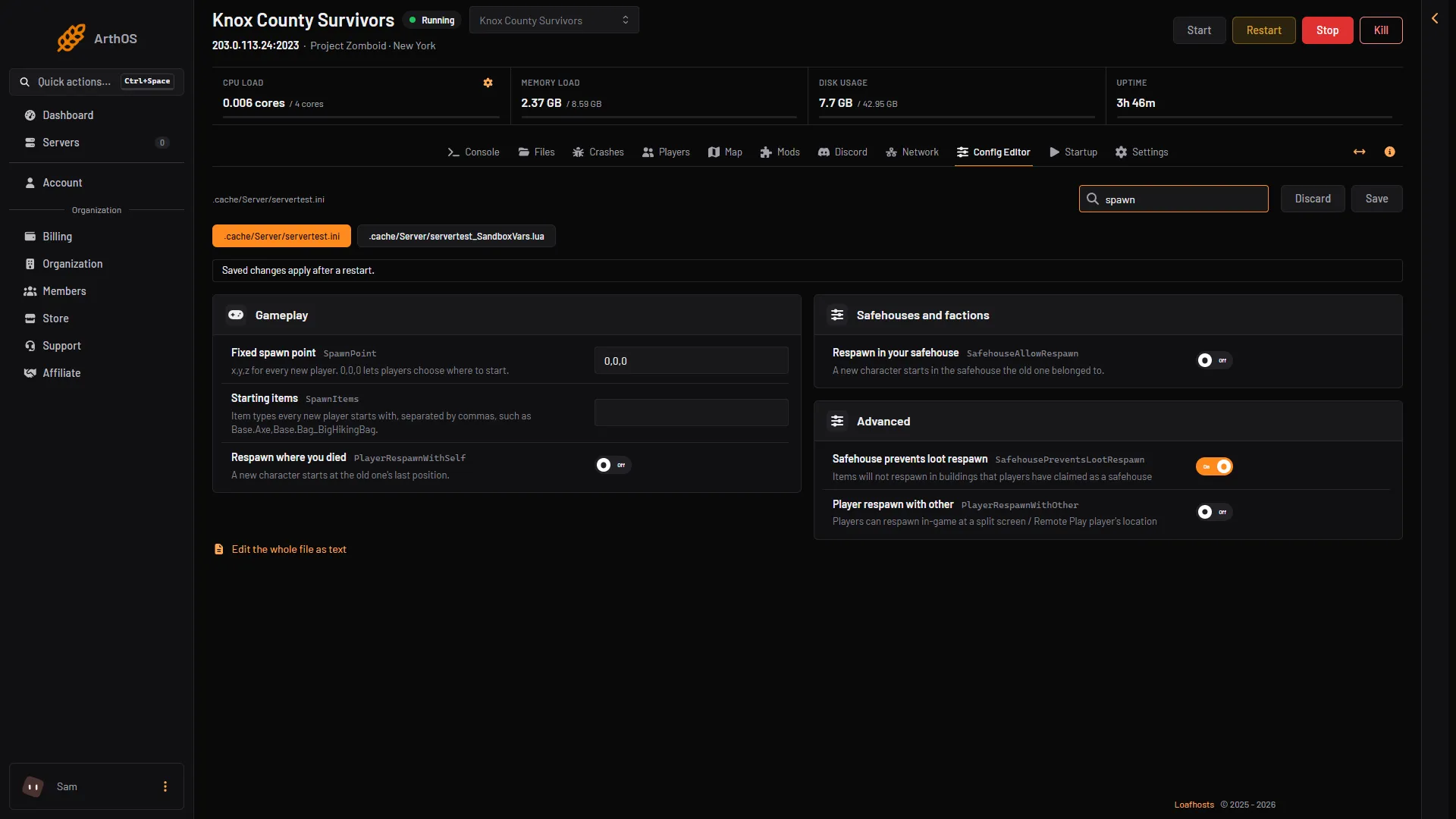 The Config Editor searched for spawn, showing the Fixed spawn point and Starting items rows