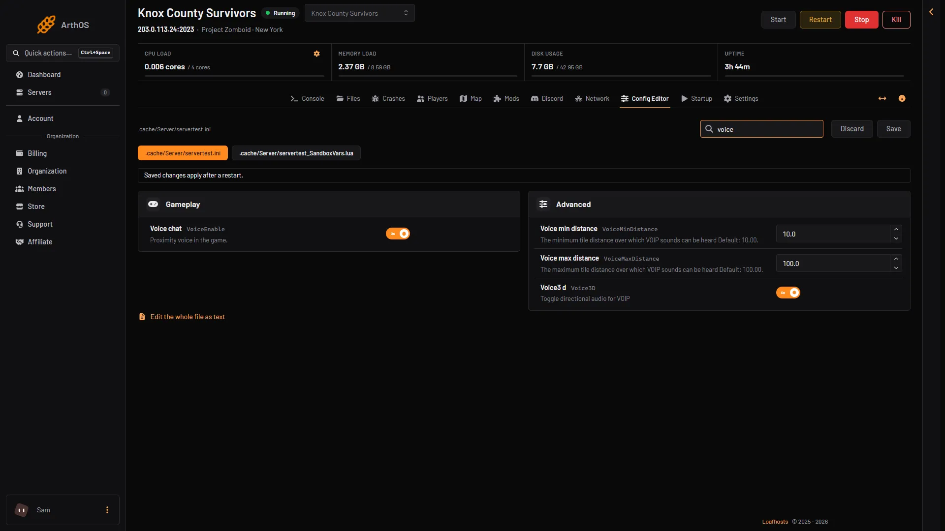 The Config Editor searched for voice, showing Voice chat and the distance rows