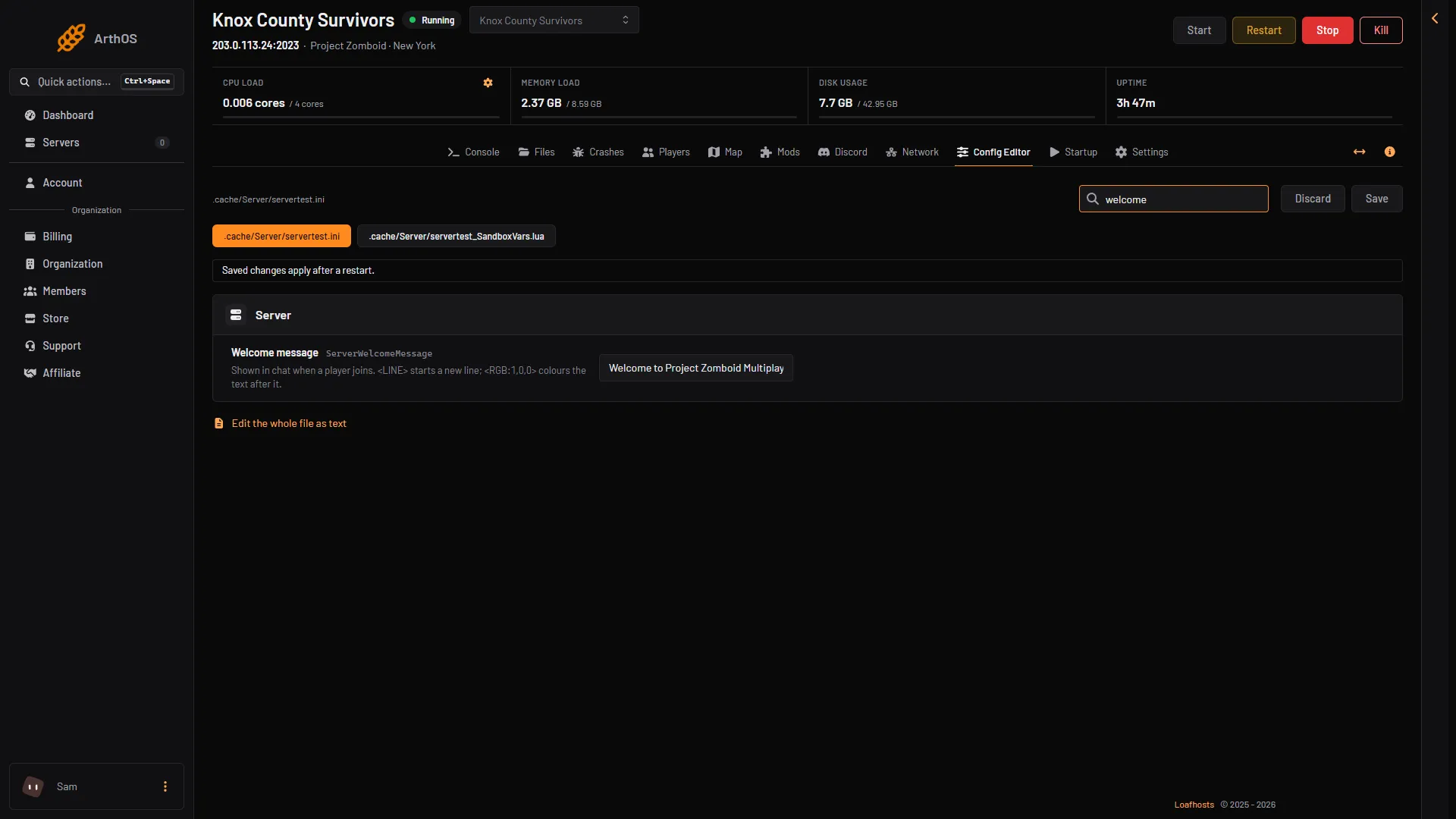 The Welcome message row in the Config Editor