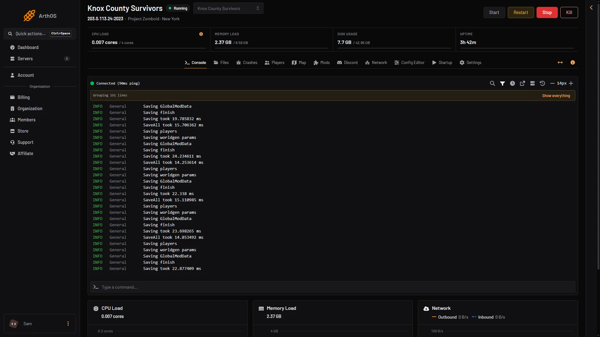 The Console page with the Restart, Stop and Kill buttons at the top right