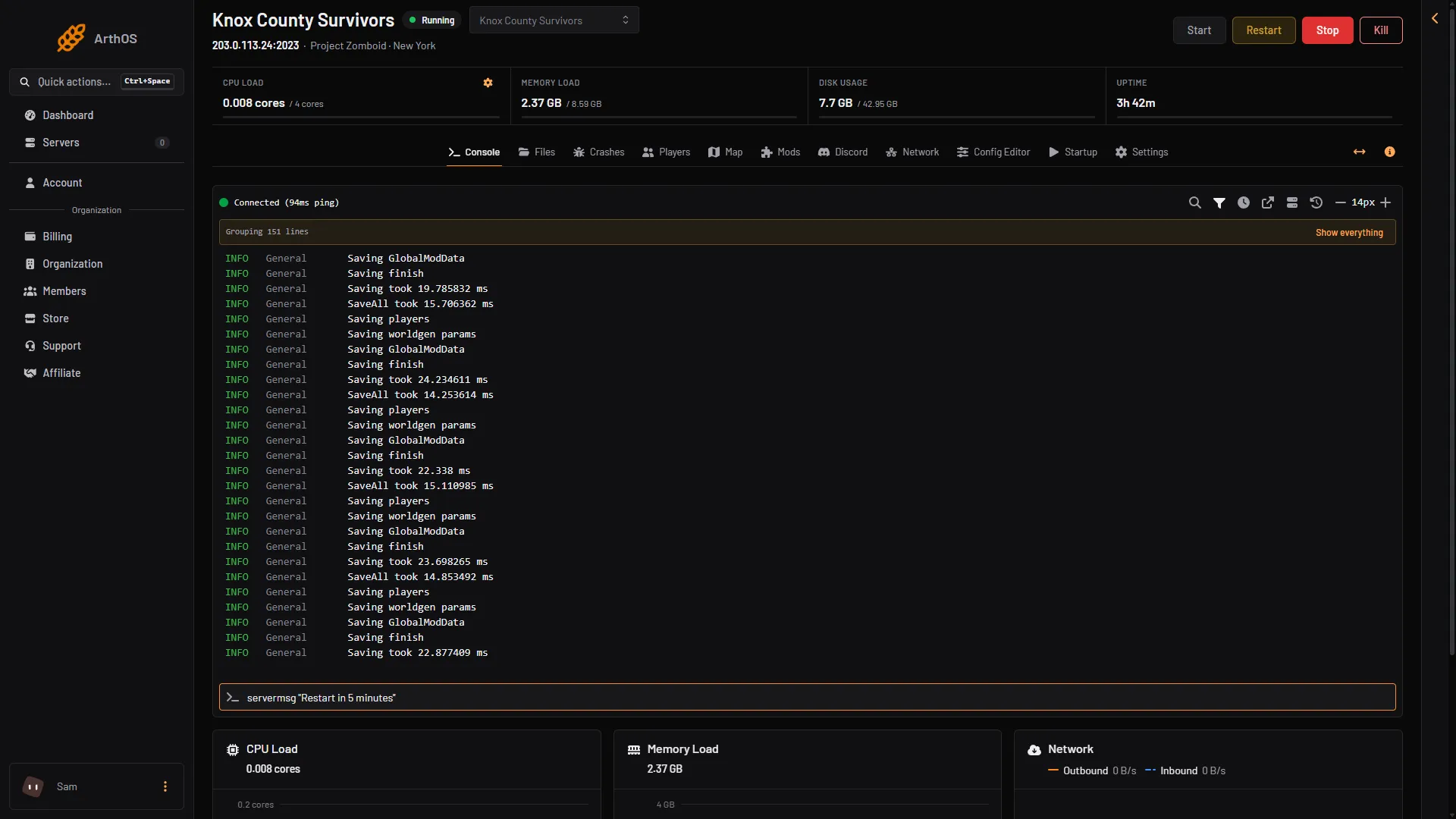 Console page with a servermsg command typed in the command box