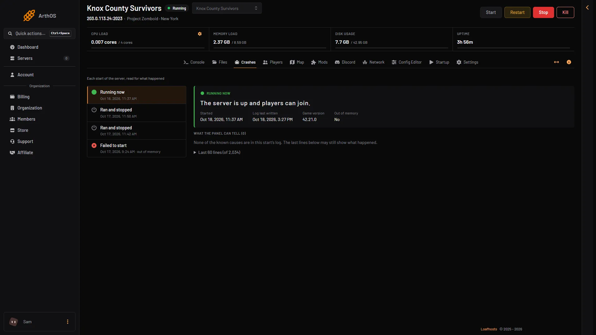 The Crashes page for one start, with the What the panel can tell section