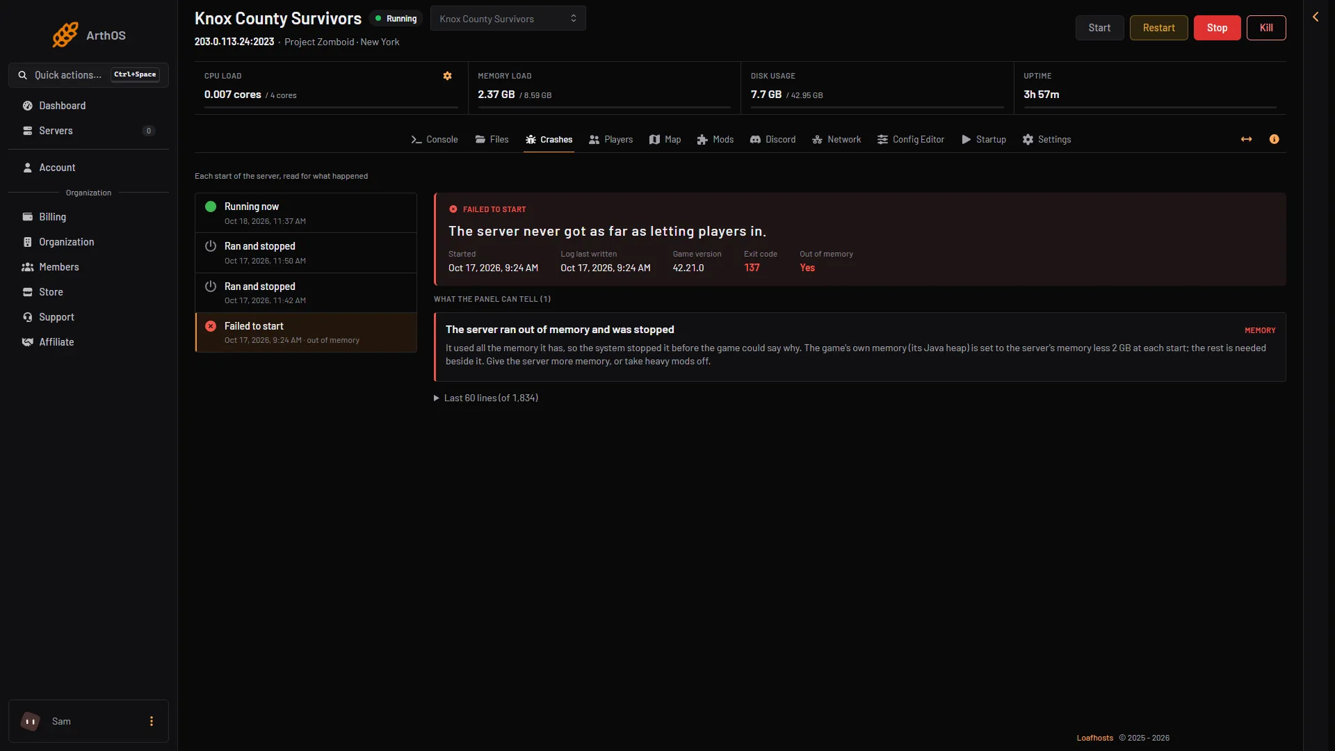 The Crashes page for a start that failed with exit code 137 and an out of memory finding