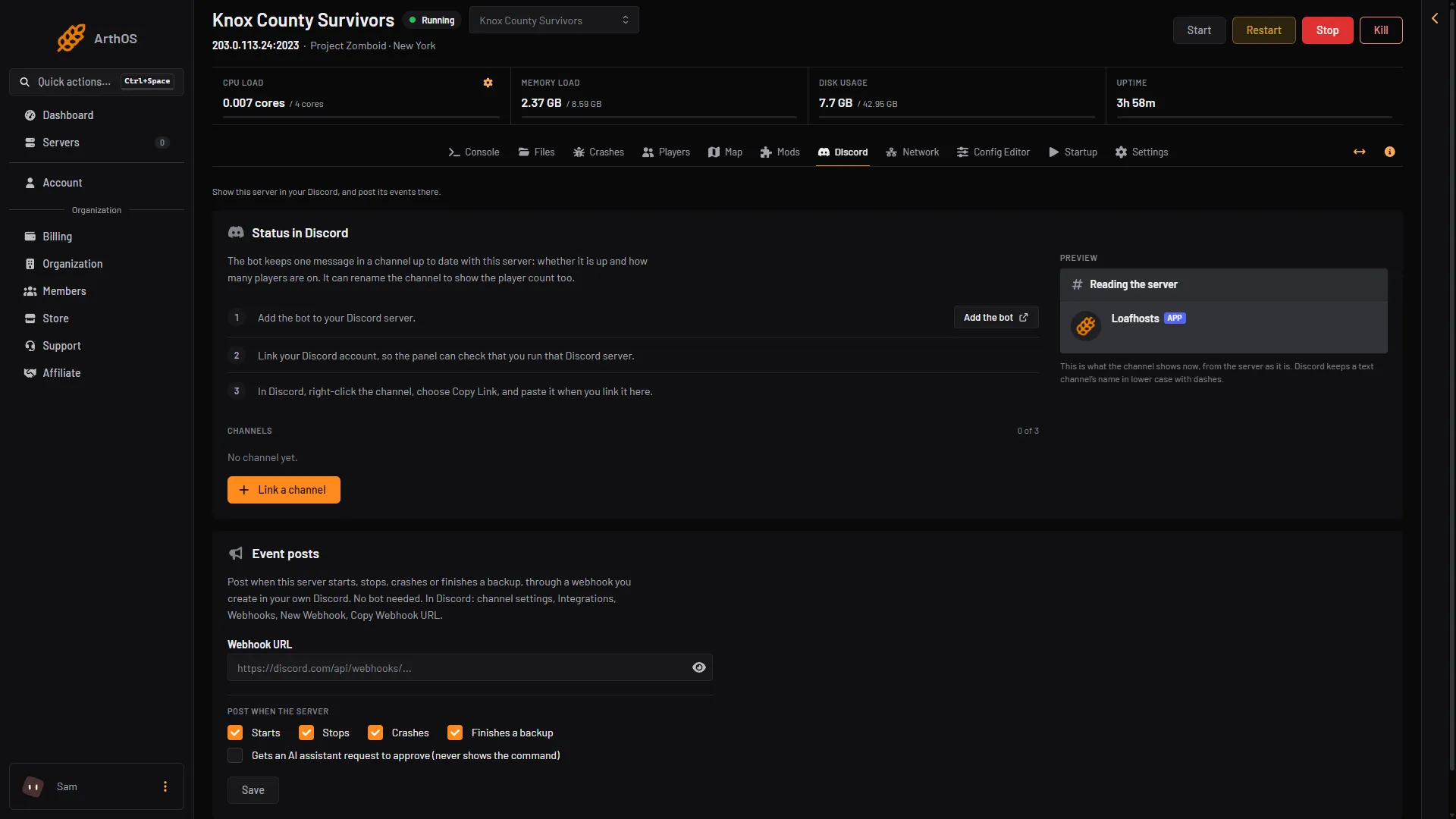 The Discord page with Add the bot and Link a channel in the status card, and the Event posts card below