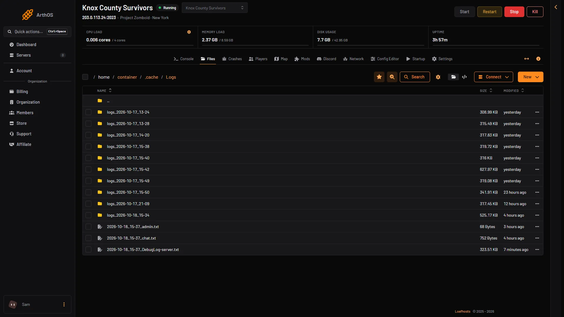 Files page at .cache/Logs with the newest start's log files