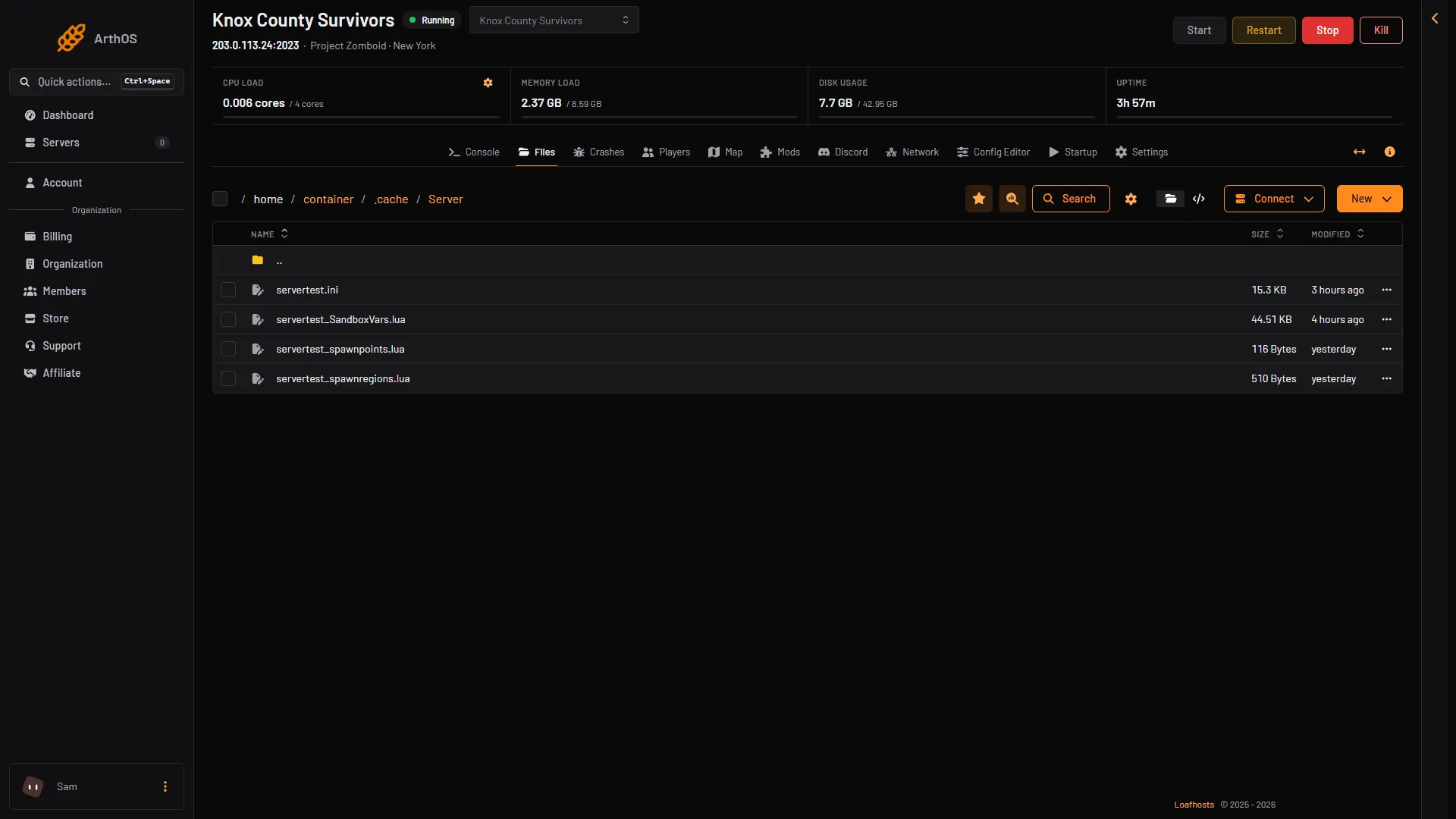 The Files page at .cache/Server with the sandbox file listed