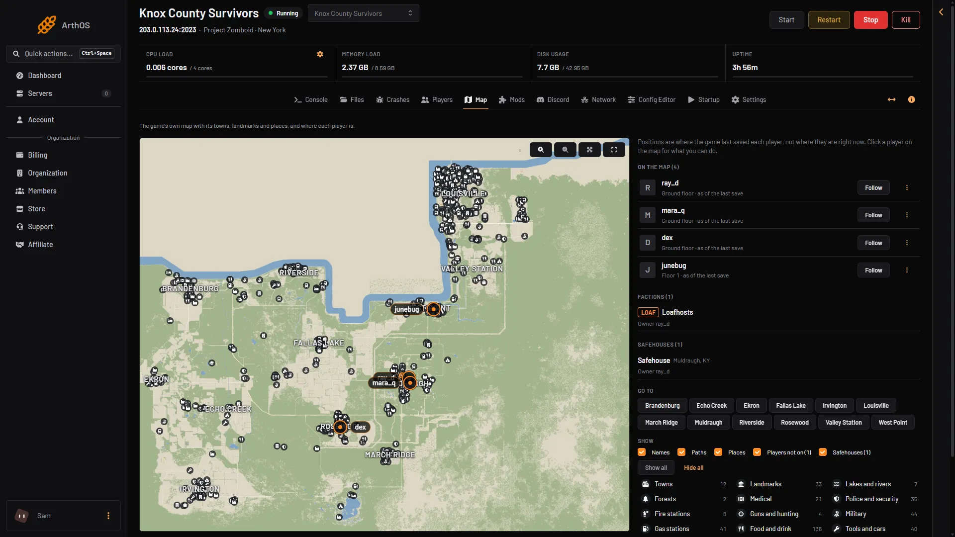 The Map page with towns, players, a faction and a safehouse, and the side lists