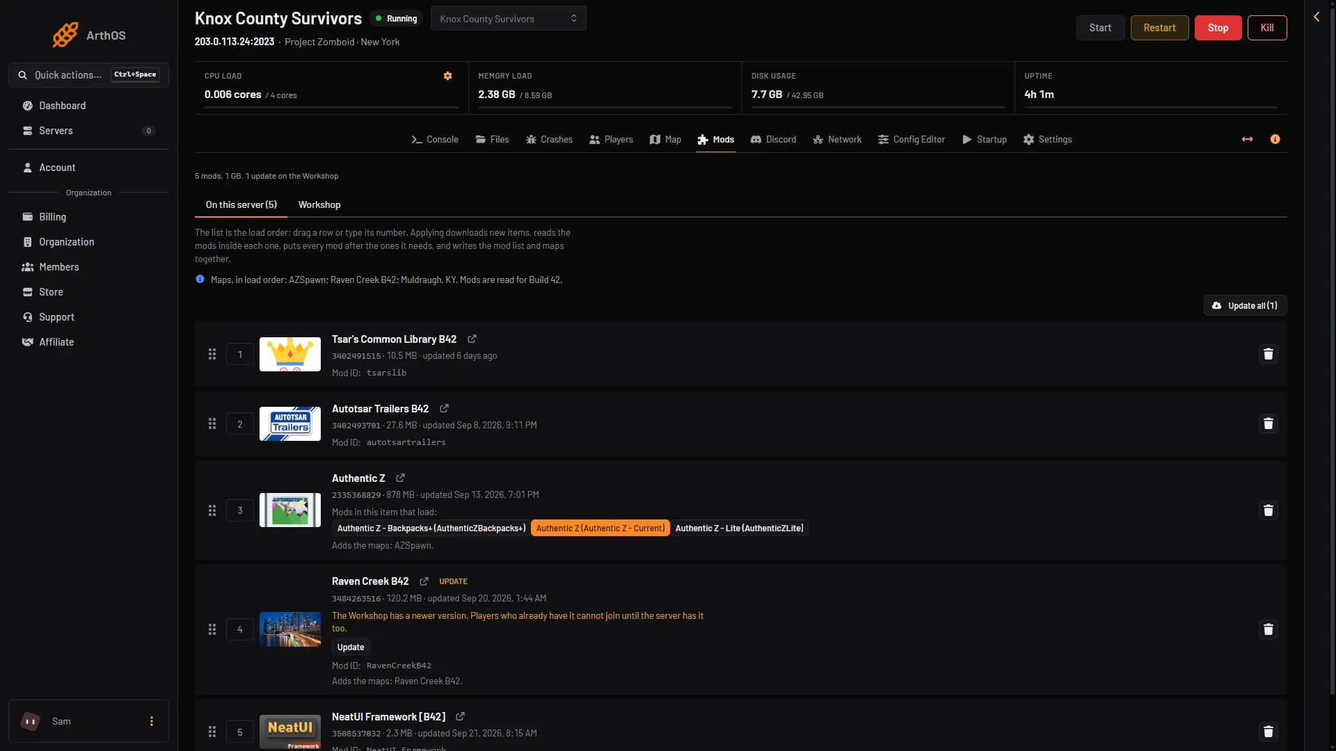 The Mods page with a mod showing the Update tag, its Update button and the Update all button
