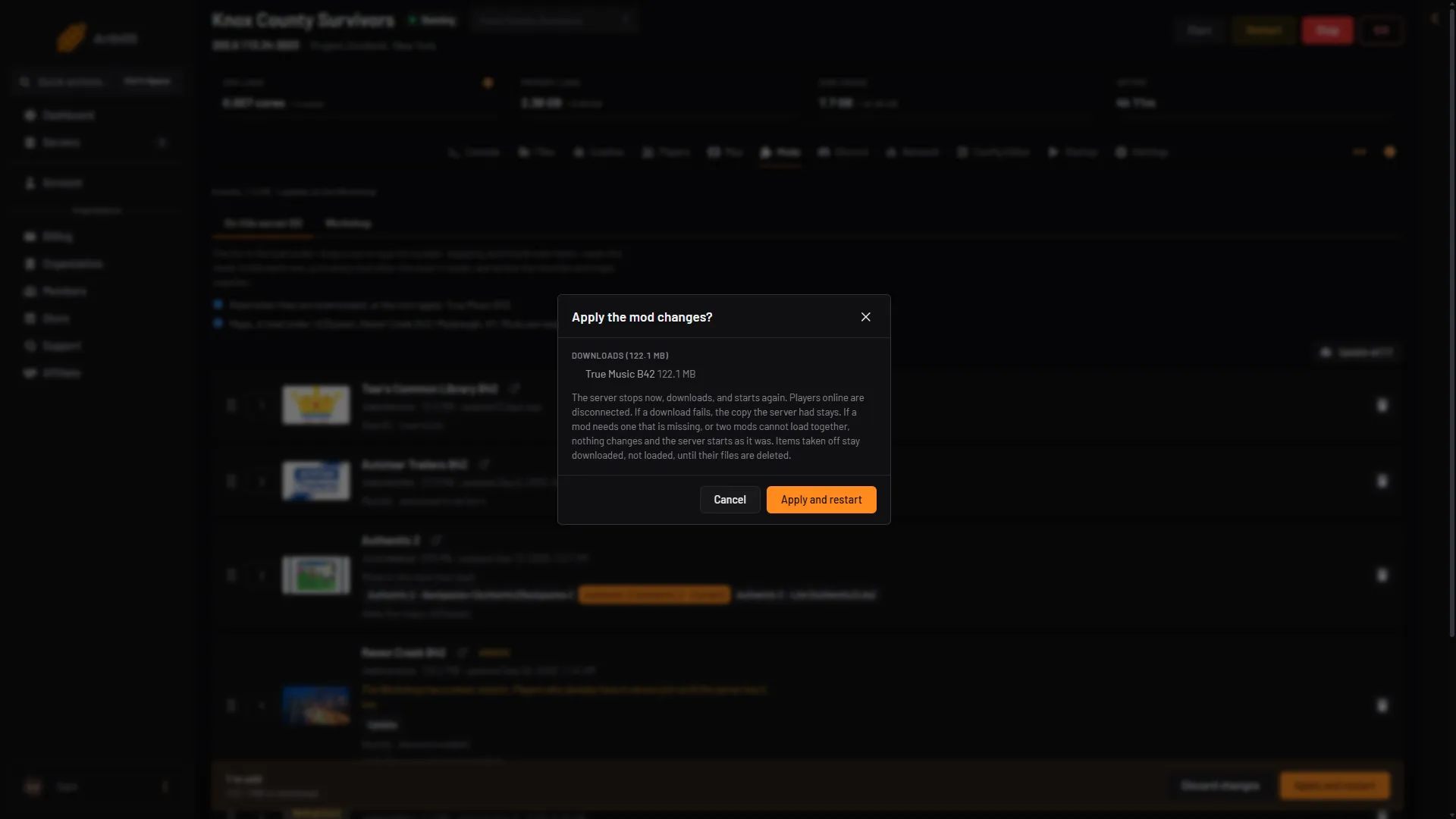 The Apply the mod changes box with its Apply and restart button