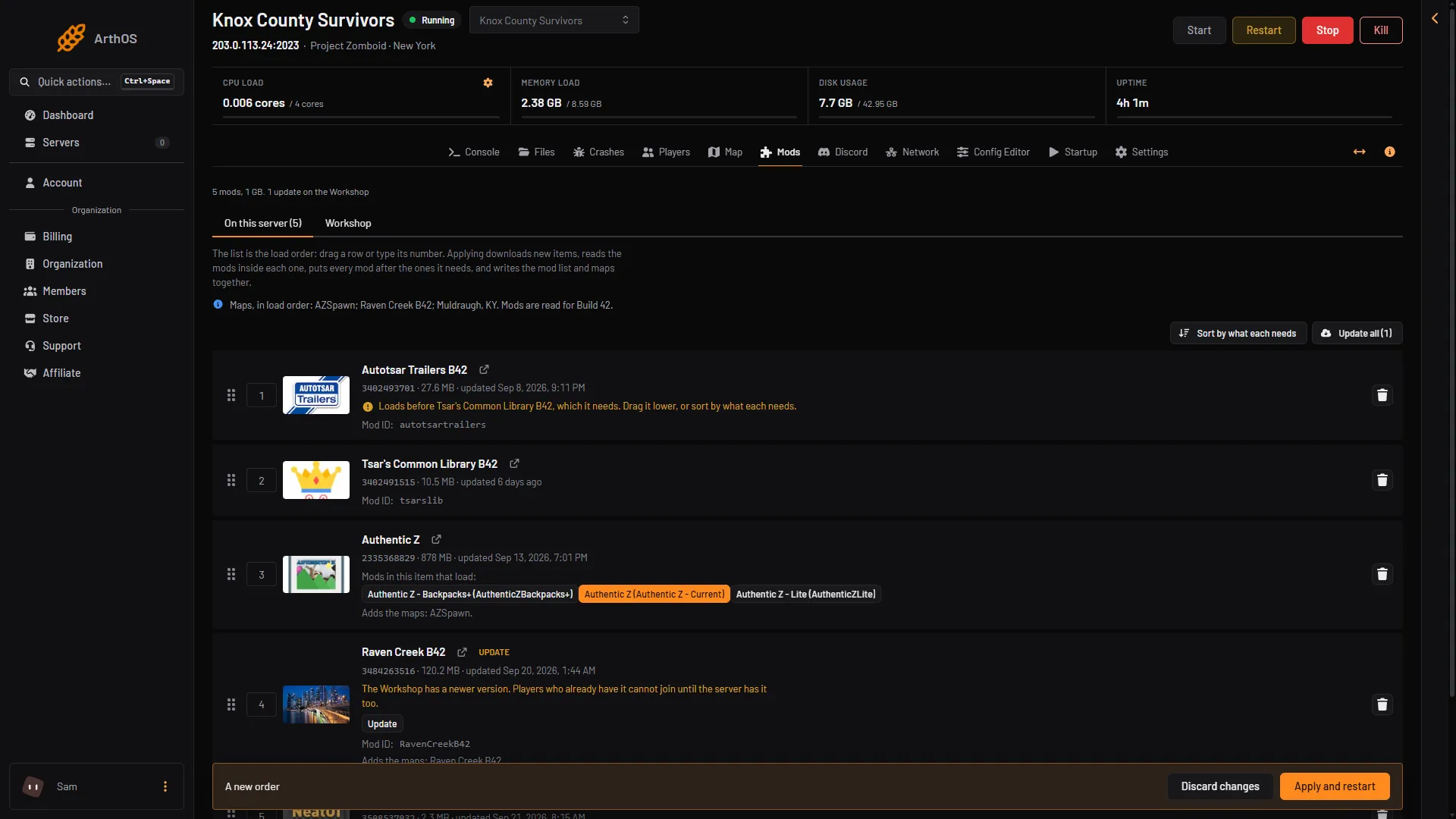 A mod row warning that it loads before a mod it needs, and the Sort by what each needs button