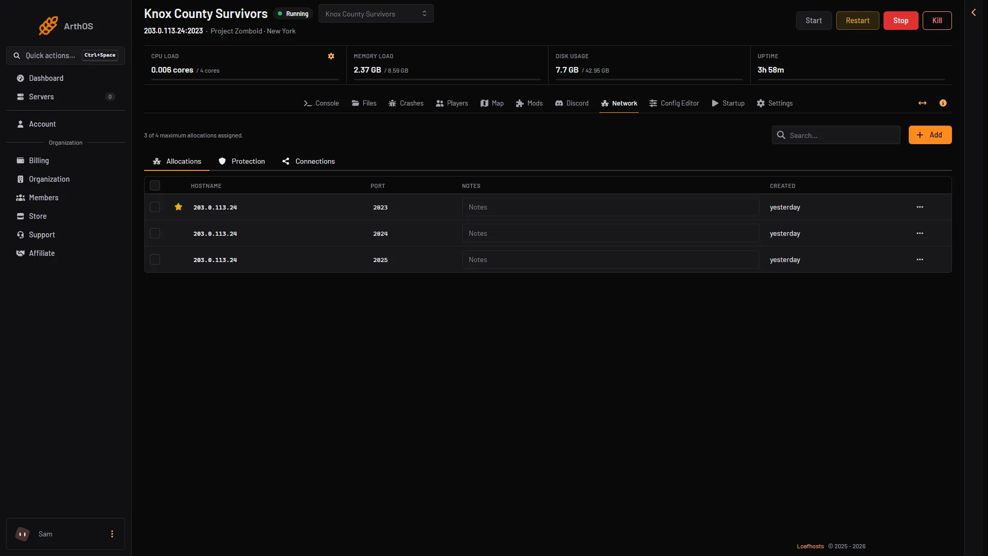 The Network page listing three ports on one address, the first starred