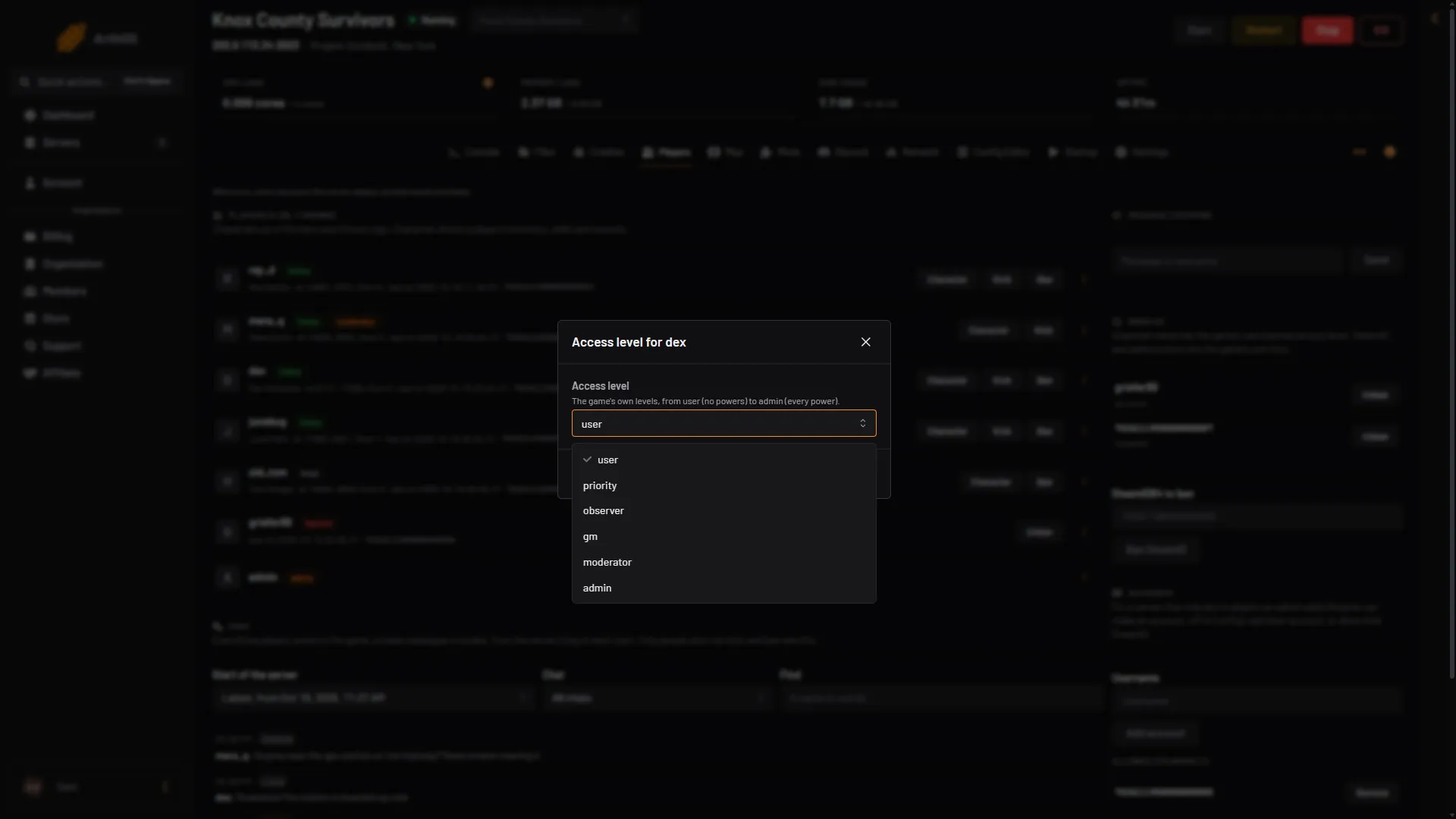 Access level box with the level list open and admin in the list