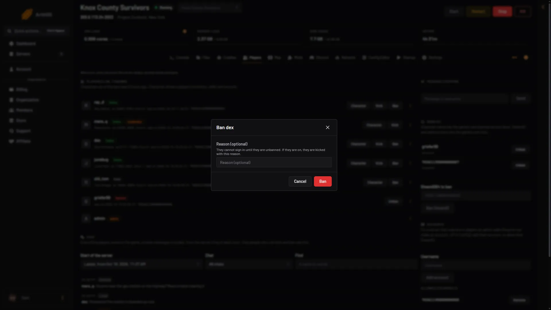 The Ban box with the reason field and the Ban button